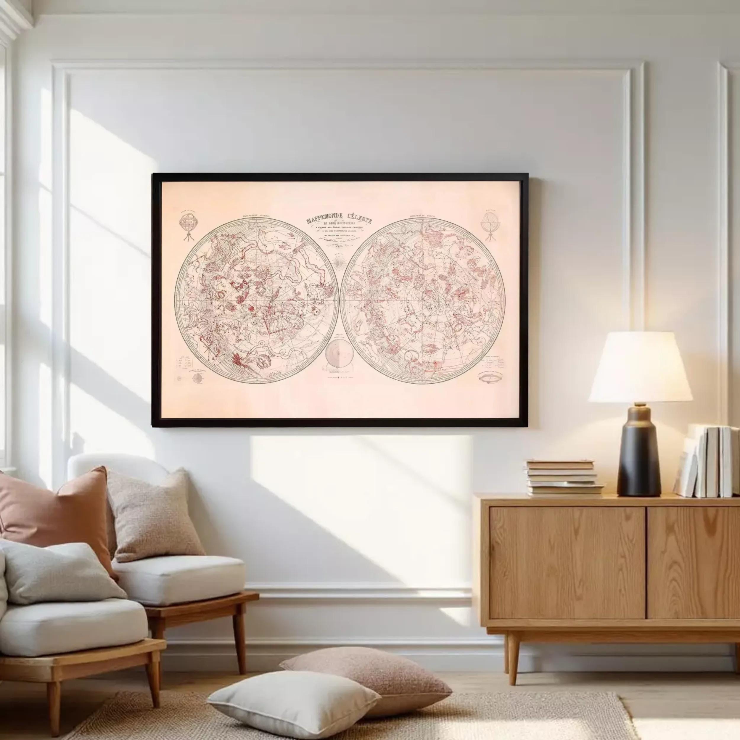 The image is a framed vintage map of the night sky, depicting the constellations and celestial bodies.