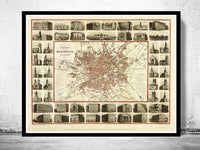 Old Map of Manchester with gravures England 1857 Vintage Map | Vintage Map Wall Art Print