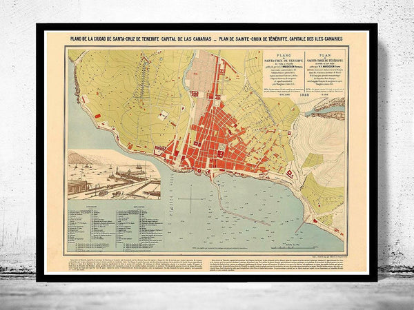 Old Map of Santa Cruz Tenerife Canary Islands 1880 Vintage Map | Vintage Map Wall Art Print