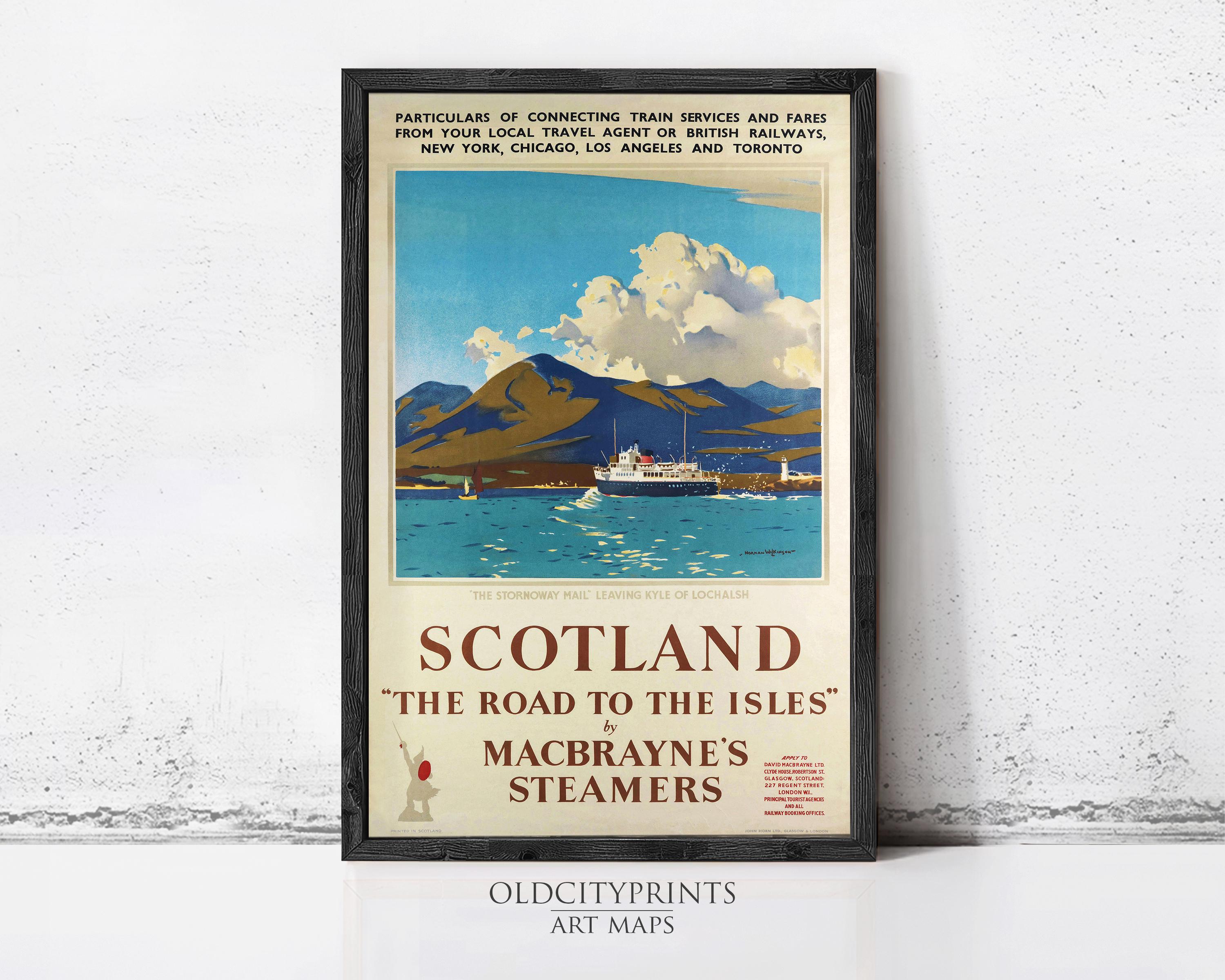 The image is a framed vintage travel poster advertising a tour of Scotland, featuring a scenic image of a ship sailing on the water with mountains in the background.