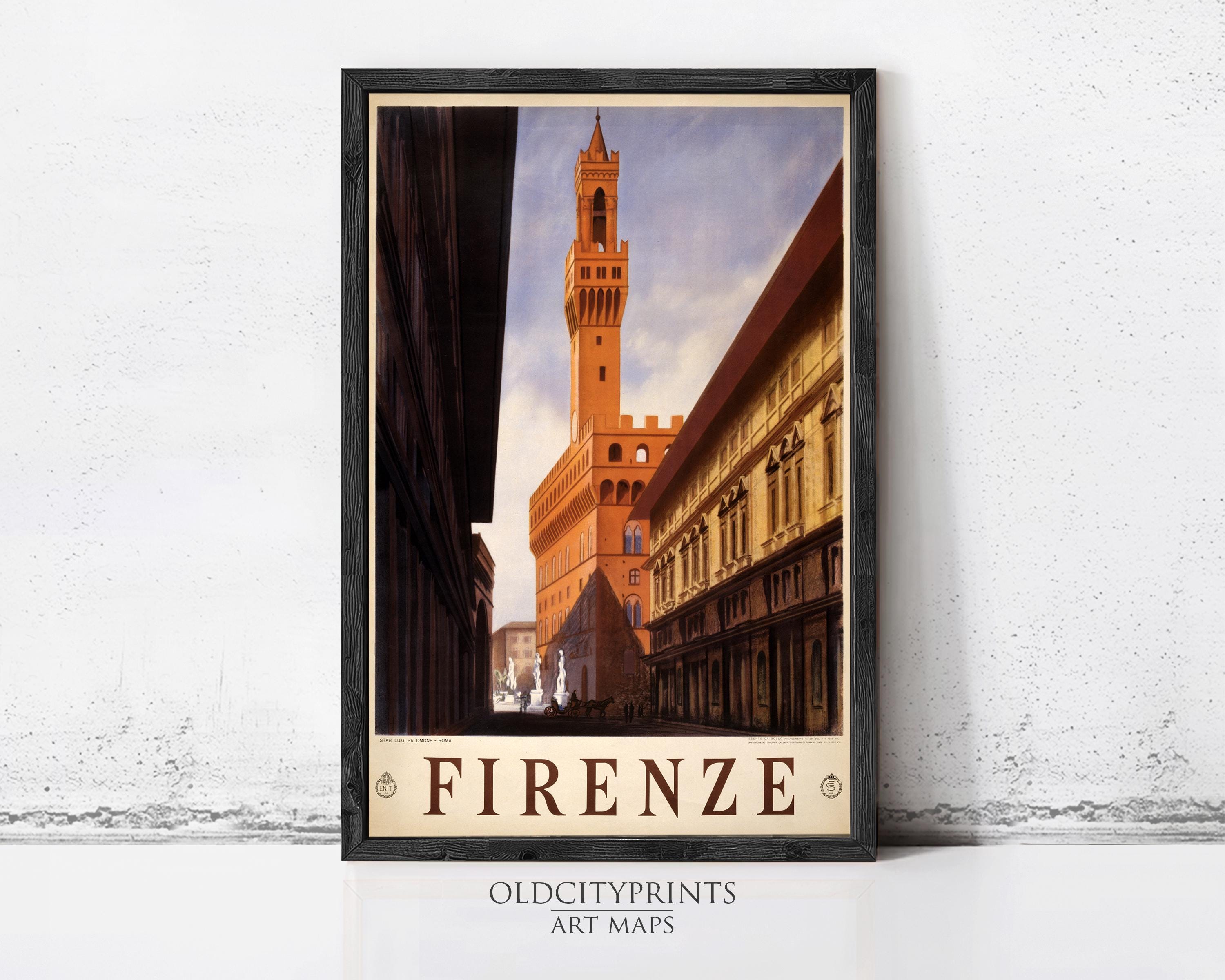 The image is a framed poster depicting a cityscape with a tall tower in the background, likely representing the Firenze, a famous landmark in Florence, Italy.