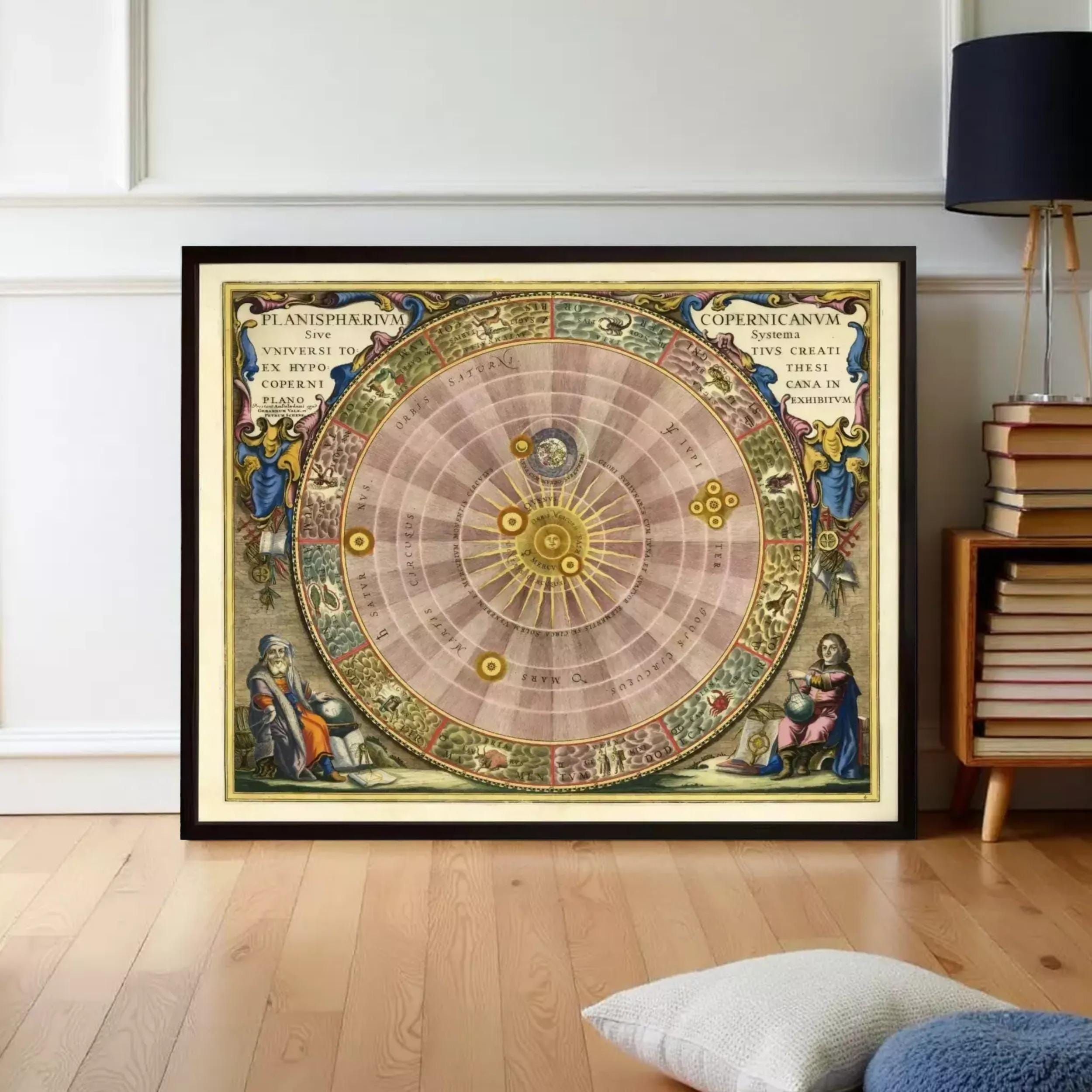 a large, ornate, and colorful map or diagram of the solar system, with various celestial bodies and symbols depicted. The map is framed and displayed on a wall, with a bookshelf and a lamp visible in the background.