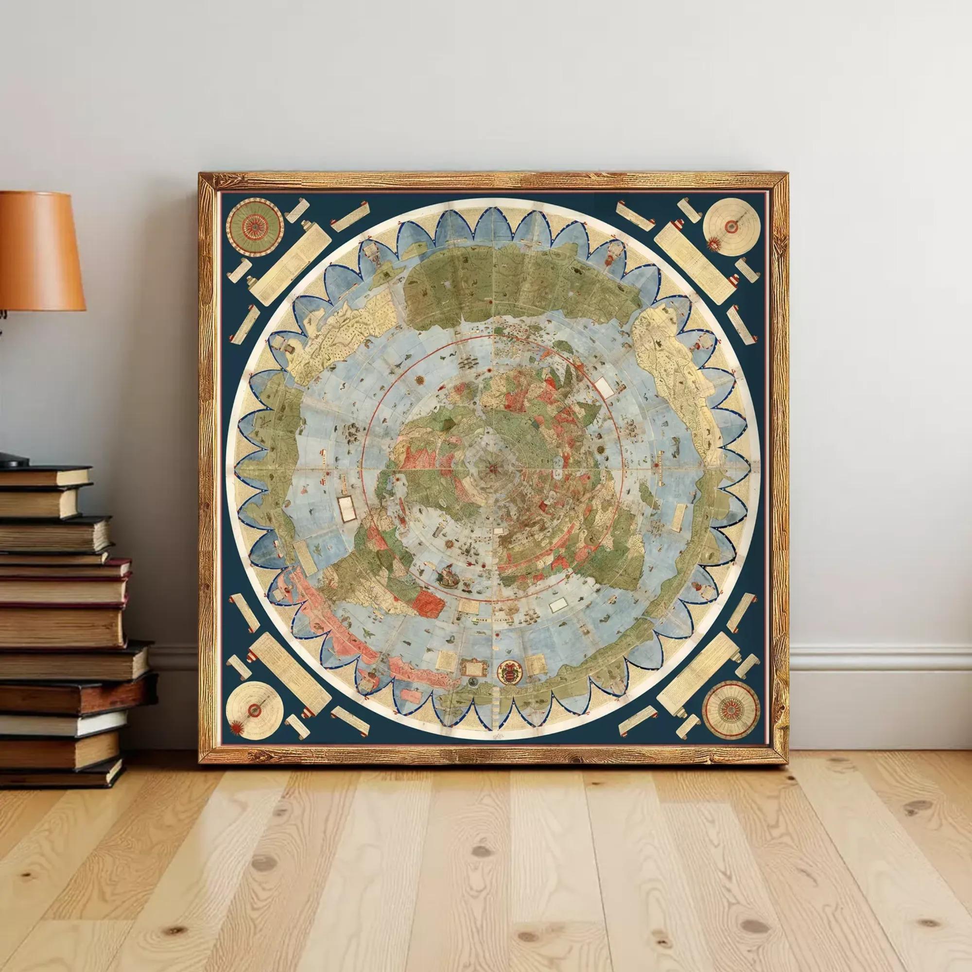 a large, colorful, and intricate map of the world displayed on a wooden floor.