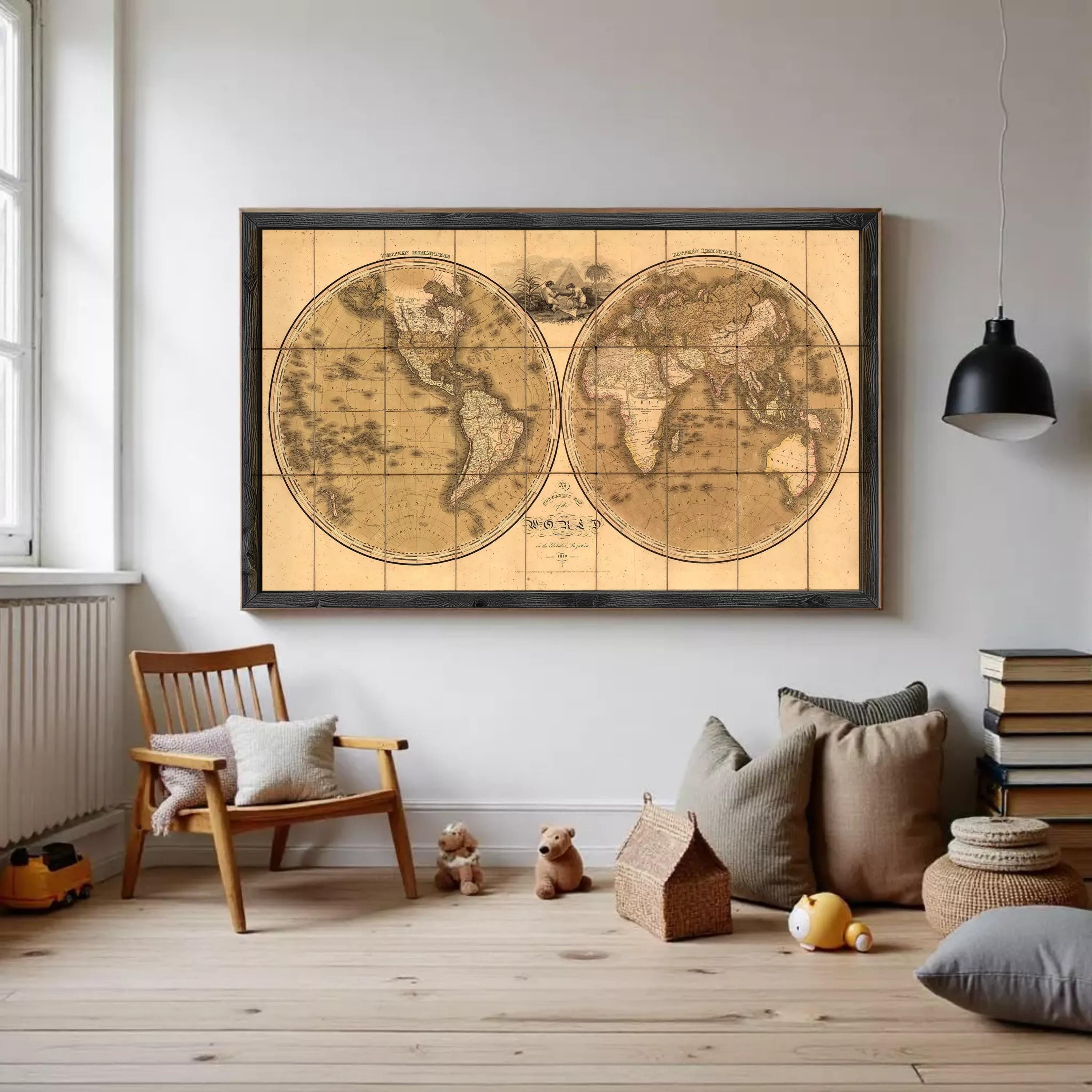 a large world map hanging on a wall, with a cozy and inviting living room scene below it.