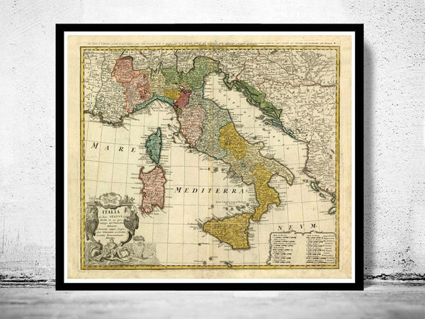 Old Map of Italy 1742 italia Vintage Map Italy | Vintage Map Wall Art Print