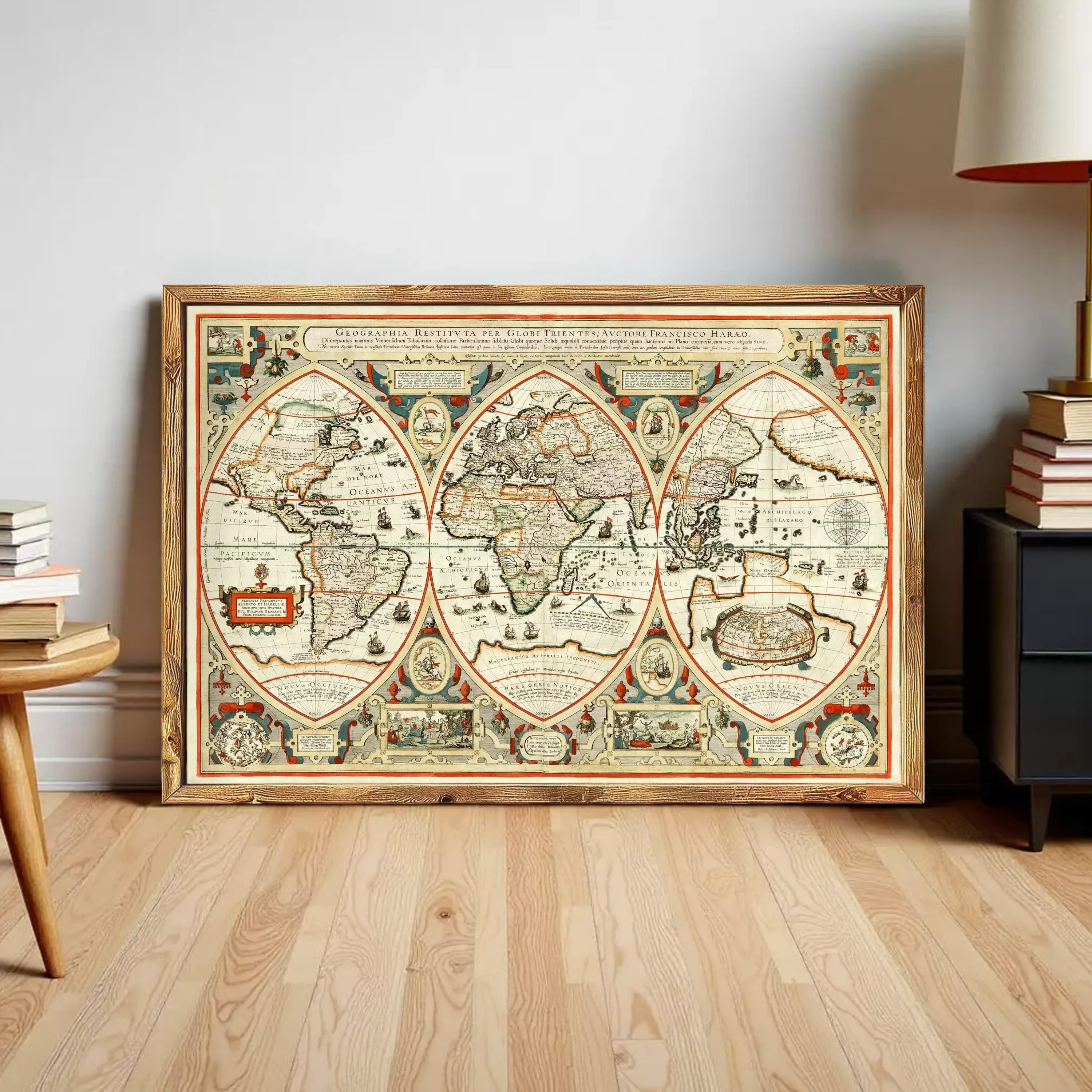 A large, ornate world map with intricate details and illustrations, displayed on a wooden floor in a room.