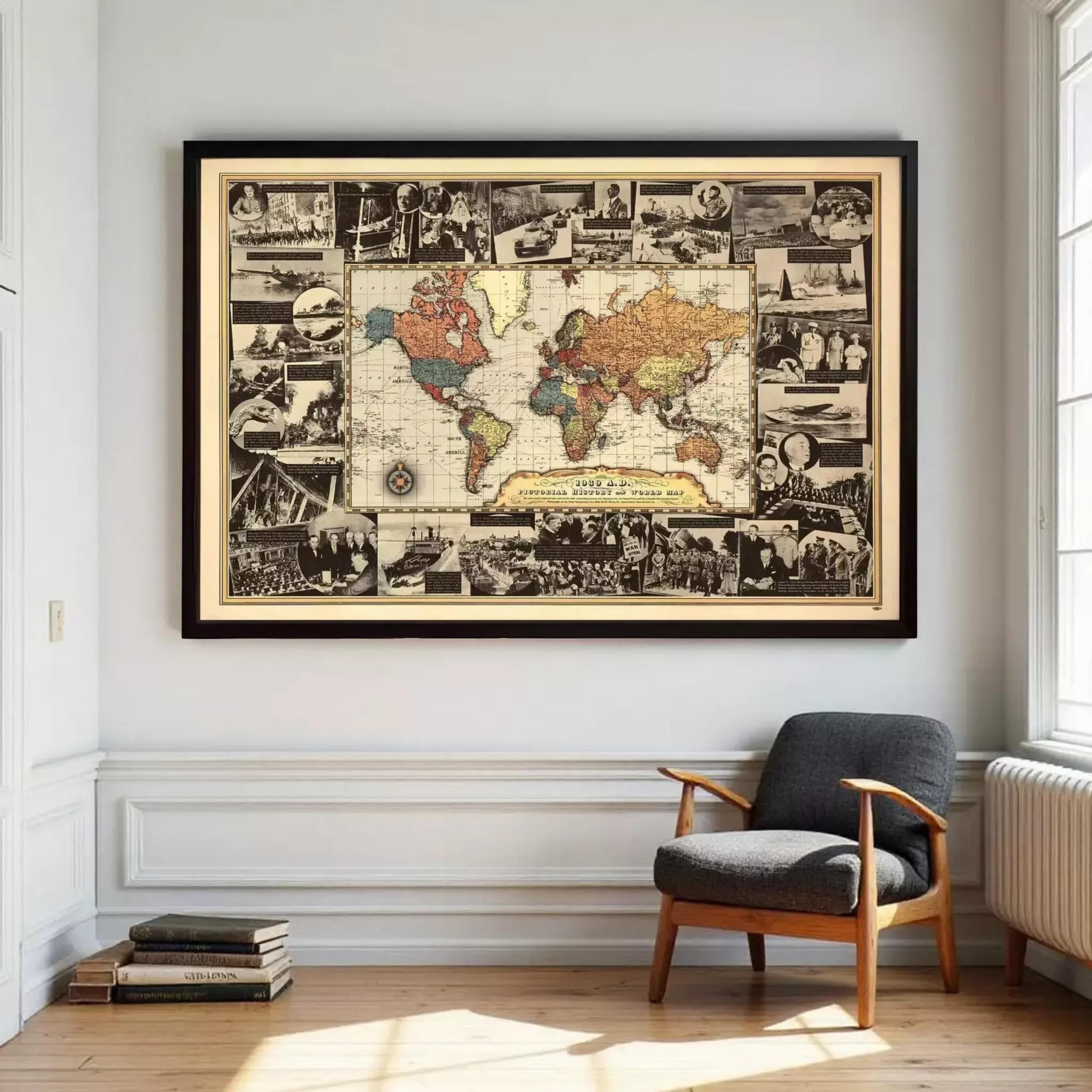 a large framed world map hanging on a wall, with various photographs and illustrations surrounding it.