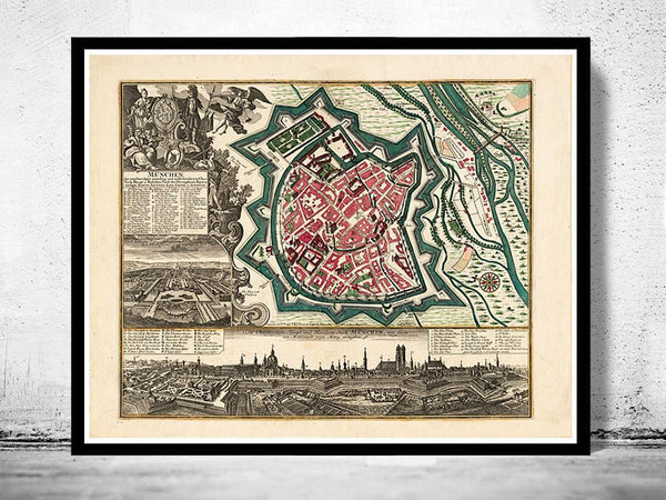 Old Map of Munich Munchen Munster Germany Deutshland 1740 Vintage Map | Vintage Map Wall Art Print | Large Map Print