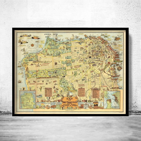 Old Map of San Francisco 1927 Pictorial Map  | Vintage Map Wall Art Print