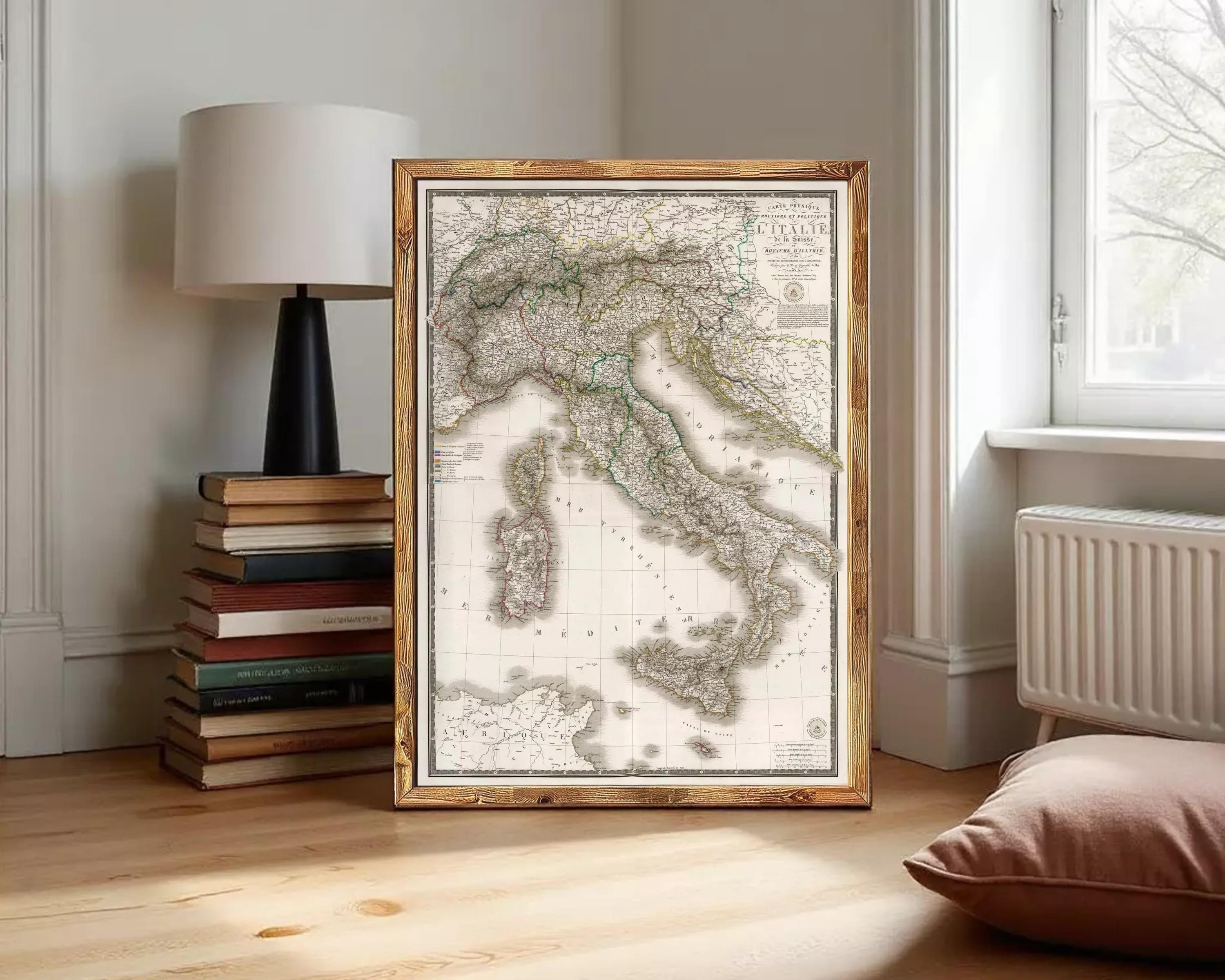 The image is a framed map of Italy, showing the country's geographical layout and surrounding areas.