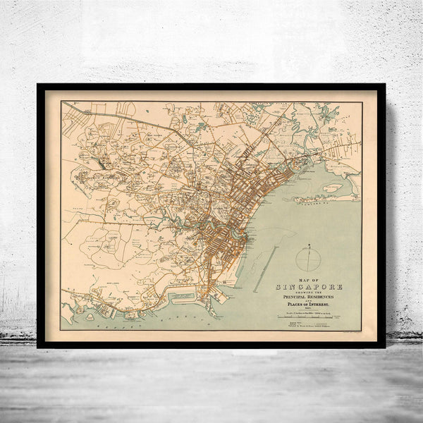 Old Map of Singapore 1913 Vintage Map | Vintage Map Wall Art Print