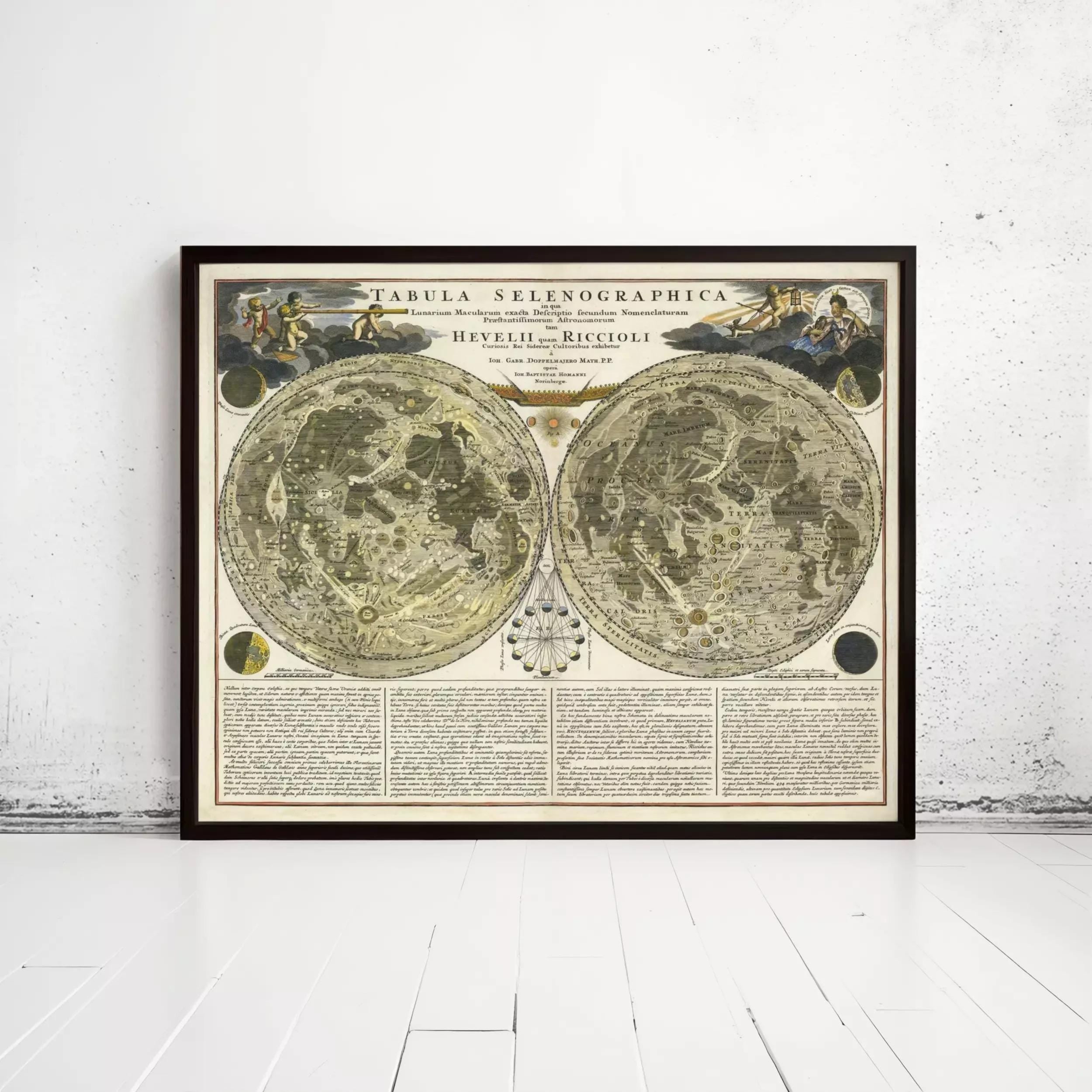The image is a framed vintage map of the night sky, depicting the moon and other celestial bodies.