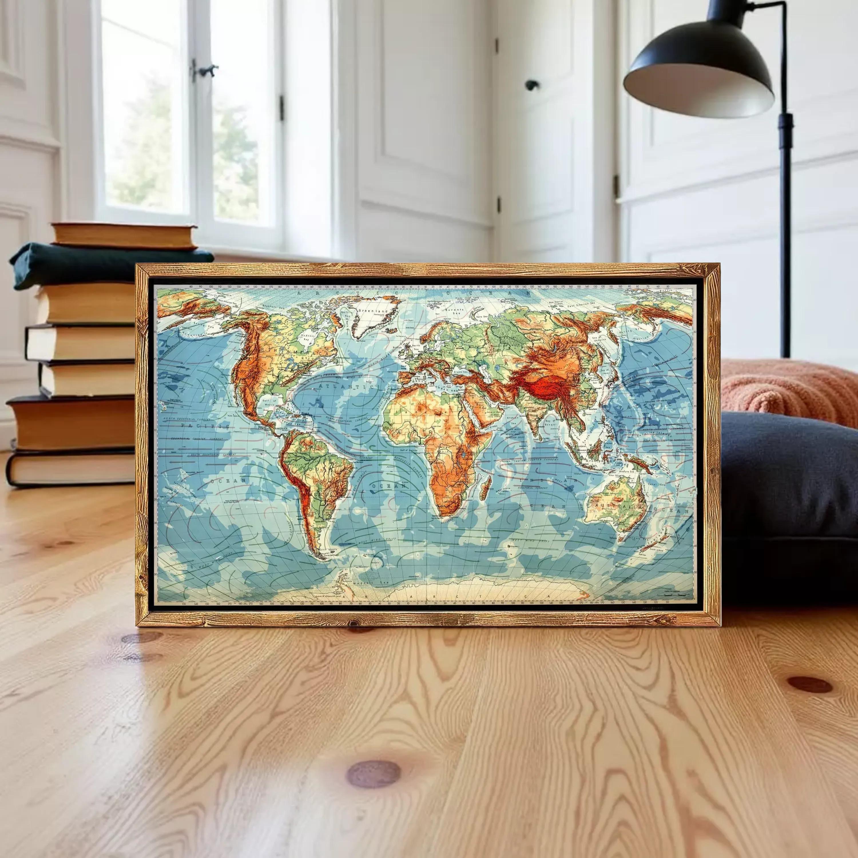 A framed vintage world map is displayed on a wooden floor in a room with books and a lamp in the background.