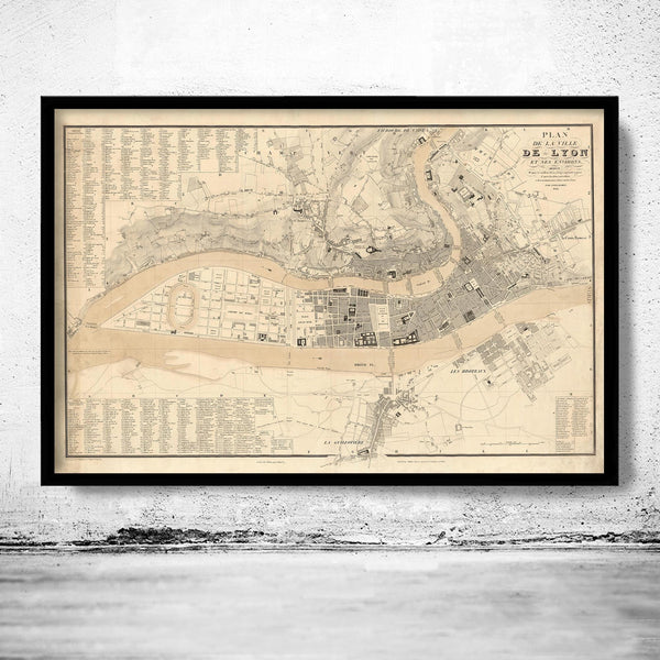 Old Map of Lyon  France 1834 Vintage Map | Vintage Map Wall Art Print