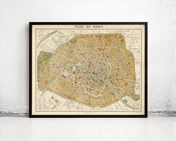 Old Map of Paris 1889 France Vintage Paris Plan  | Vintage Map Wall Art Print
