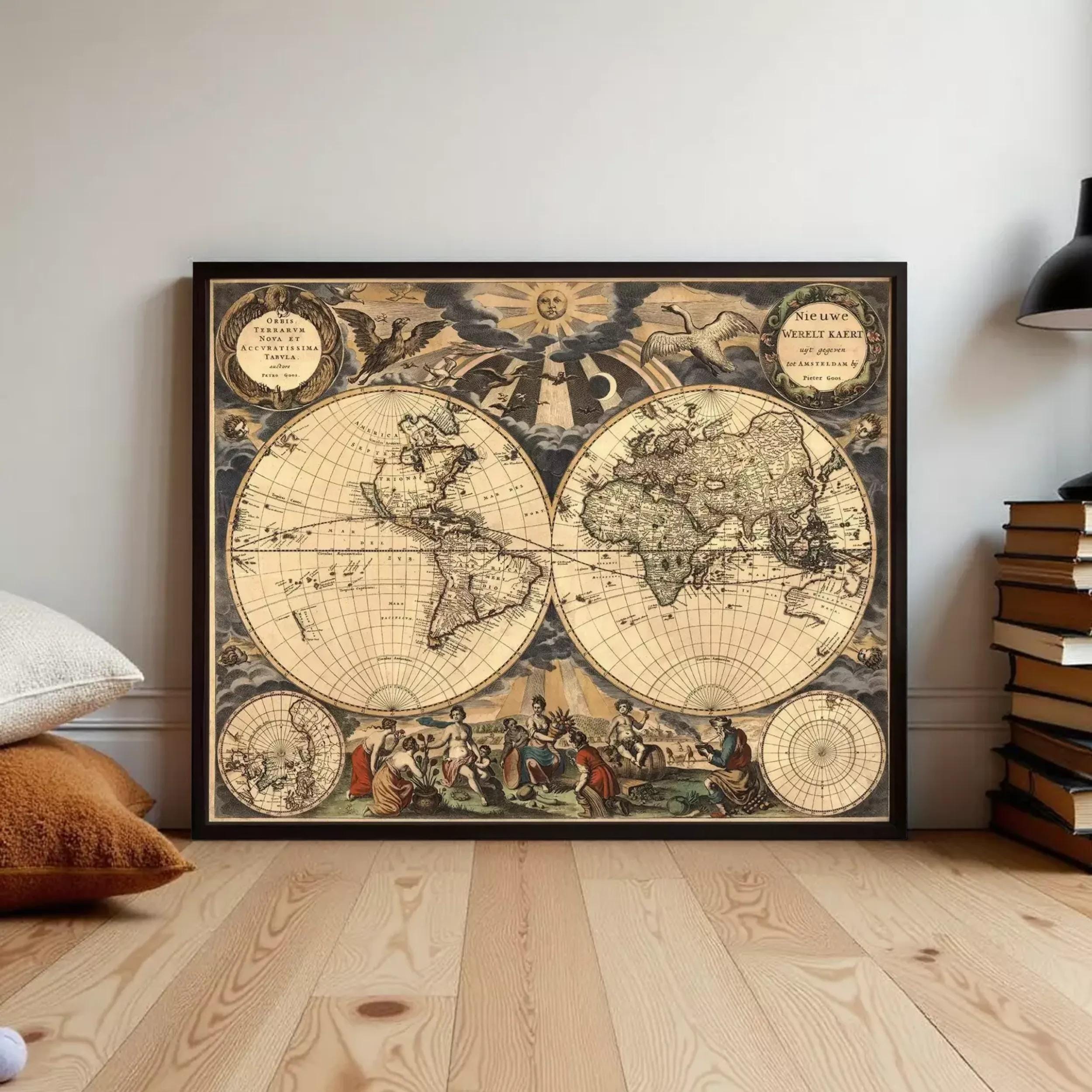 a large, framed vintage map of the world, with intricate illustrations and designs surrounding it.