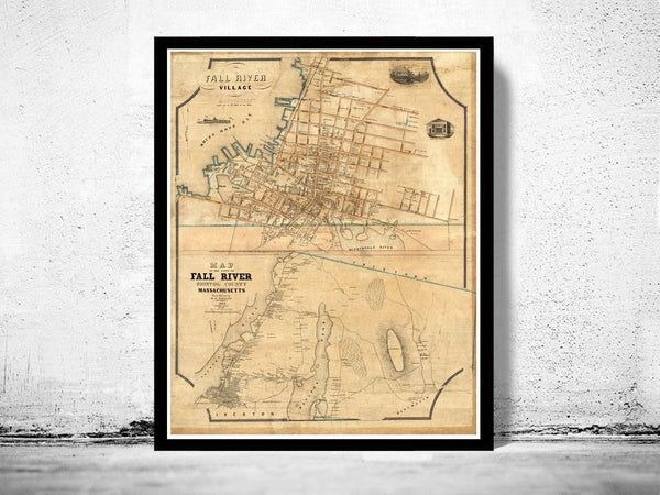 Old Map of Fall River 1850 Massachusetts  | Vintage Map Wall Art Print