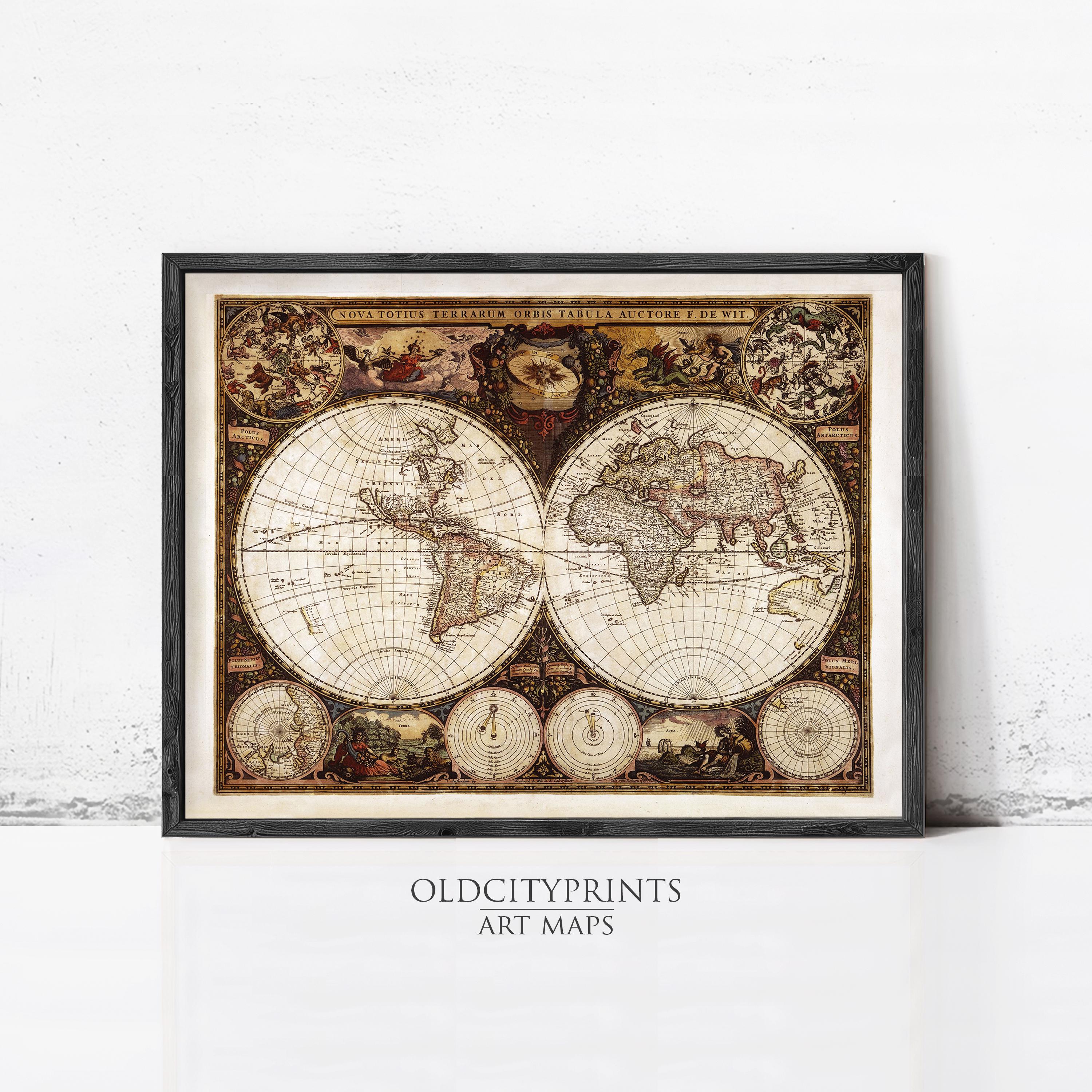 The image is a framed antique world map with intricate designs and details, displayed on a white wall.