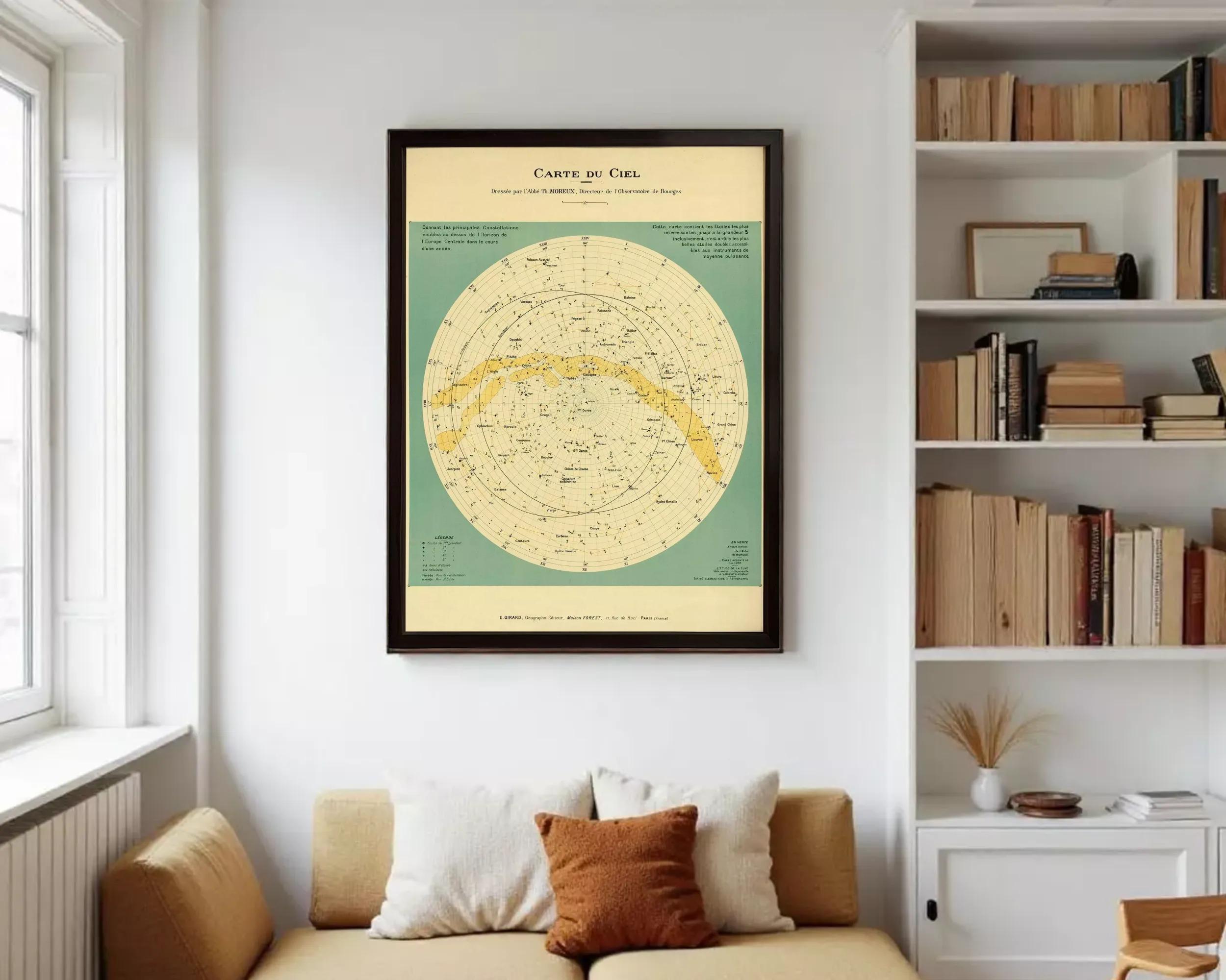 The image is a framed vintage star map of the night sky, depicting various celestial objects and their relative positions.