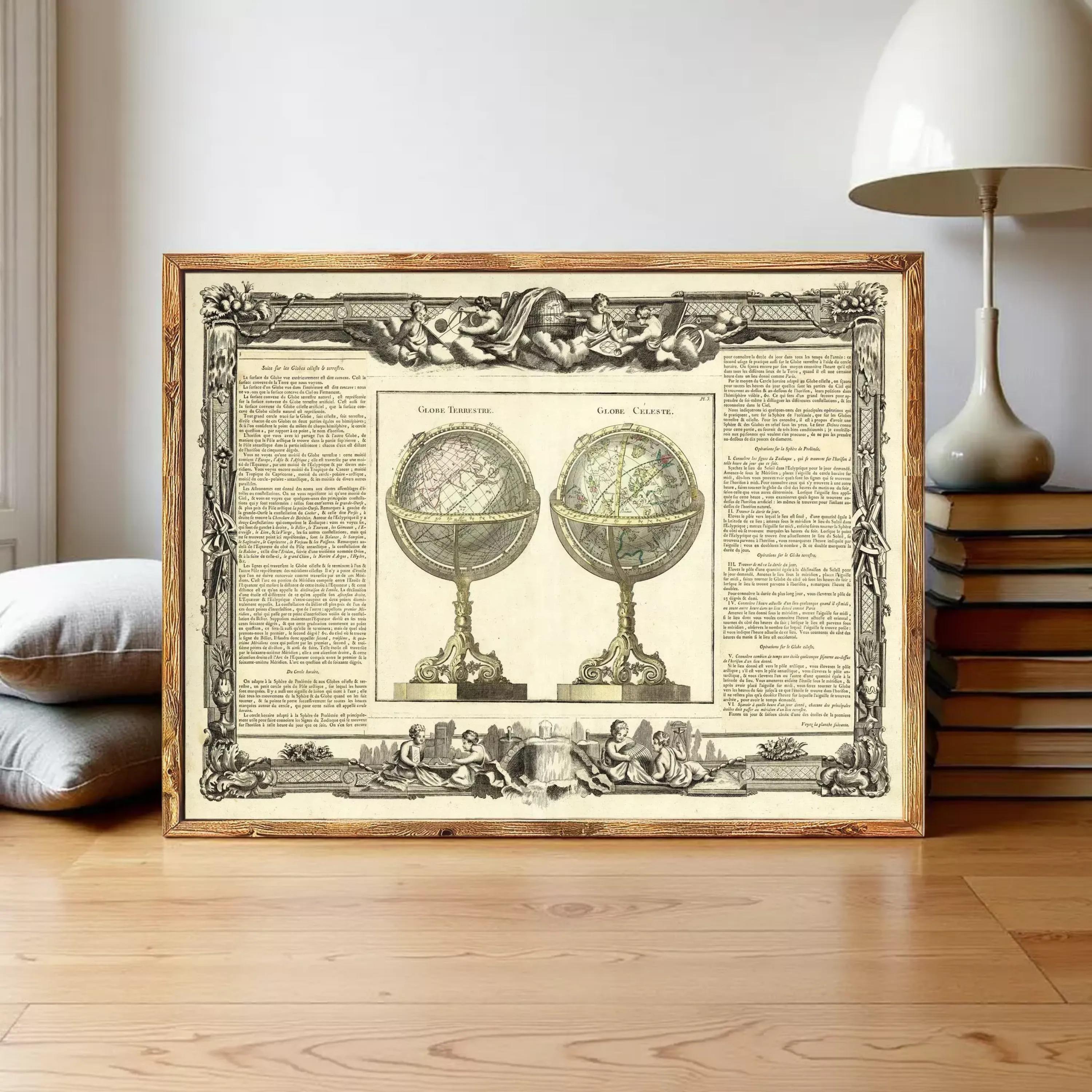 The image is a framed print featuring two antique globes, one with a green and white color scheme and the other with a gold and white color scheme. The globes are set against a decorative border, and the text surrounding the image provides information about the globes.