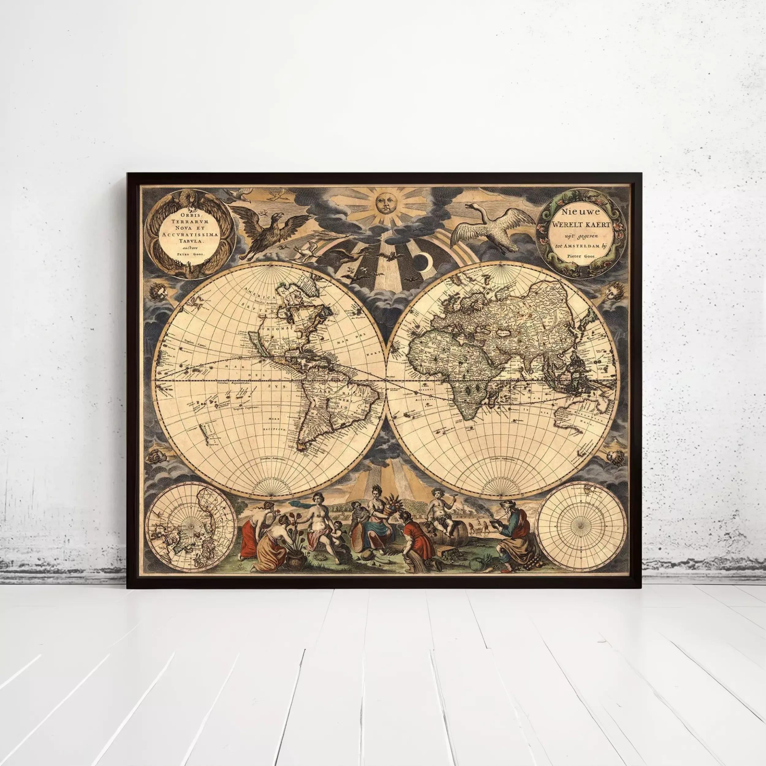 The image is a framed vintage map of the world, featuring intricate illustrations and detailed cartography.