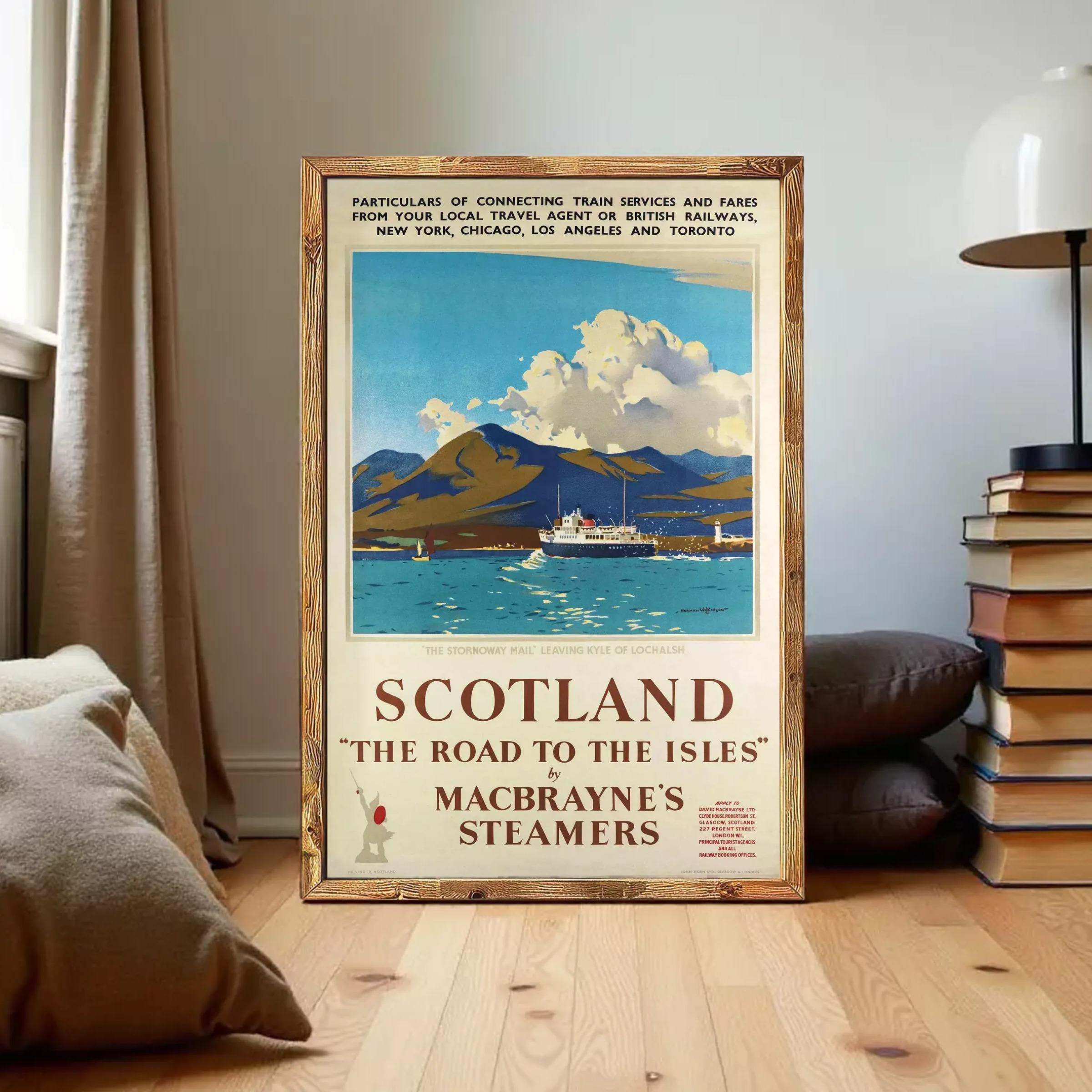 The image is a framed vintage travel poster advertising a train service from the Scottish Highlands to the Isles, including New York, Chicago, Los Angeles, and Toronto.