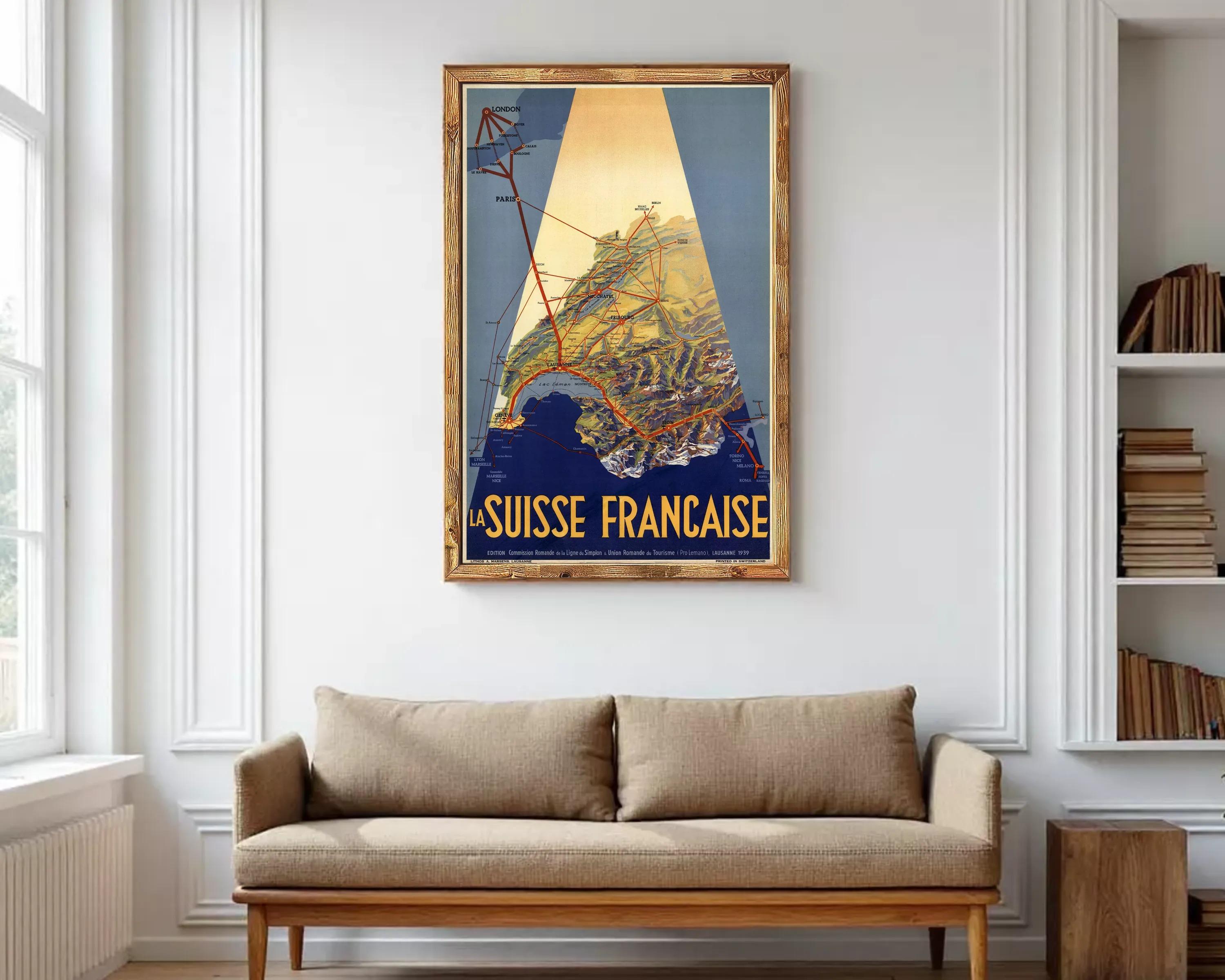 A vintage travel poster for the La Suisse Francaise, featuring a map of France and various locations marked with lines connecting them.