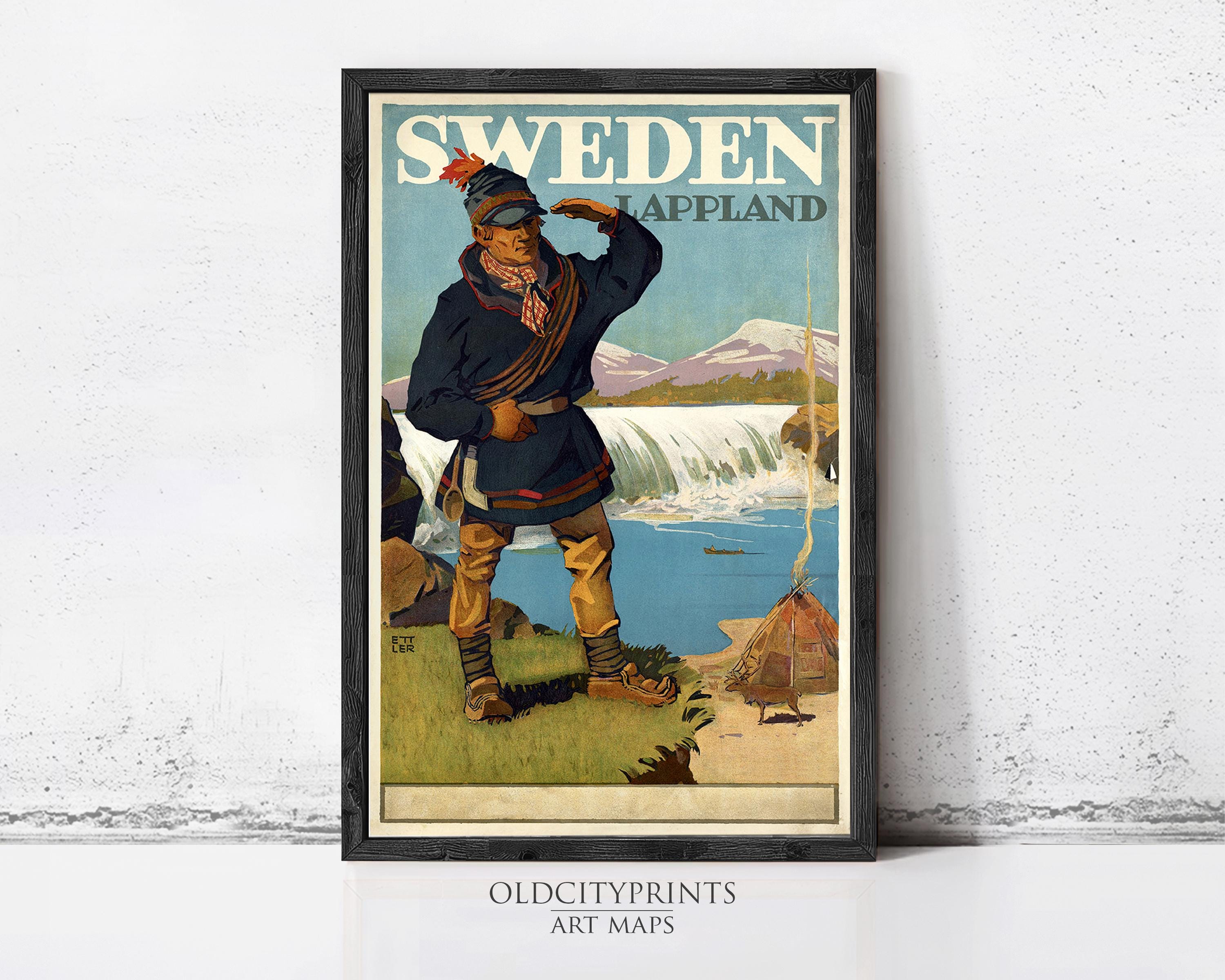 A vintage travel poster advertising Sweden and Lapland, featuring a man in traditional Swedish clothing standing in a scenic outdoor setting with a waterfall and tent.