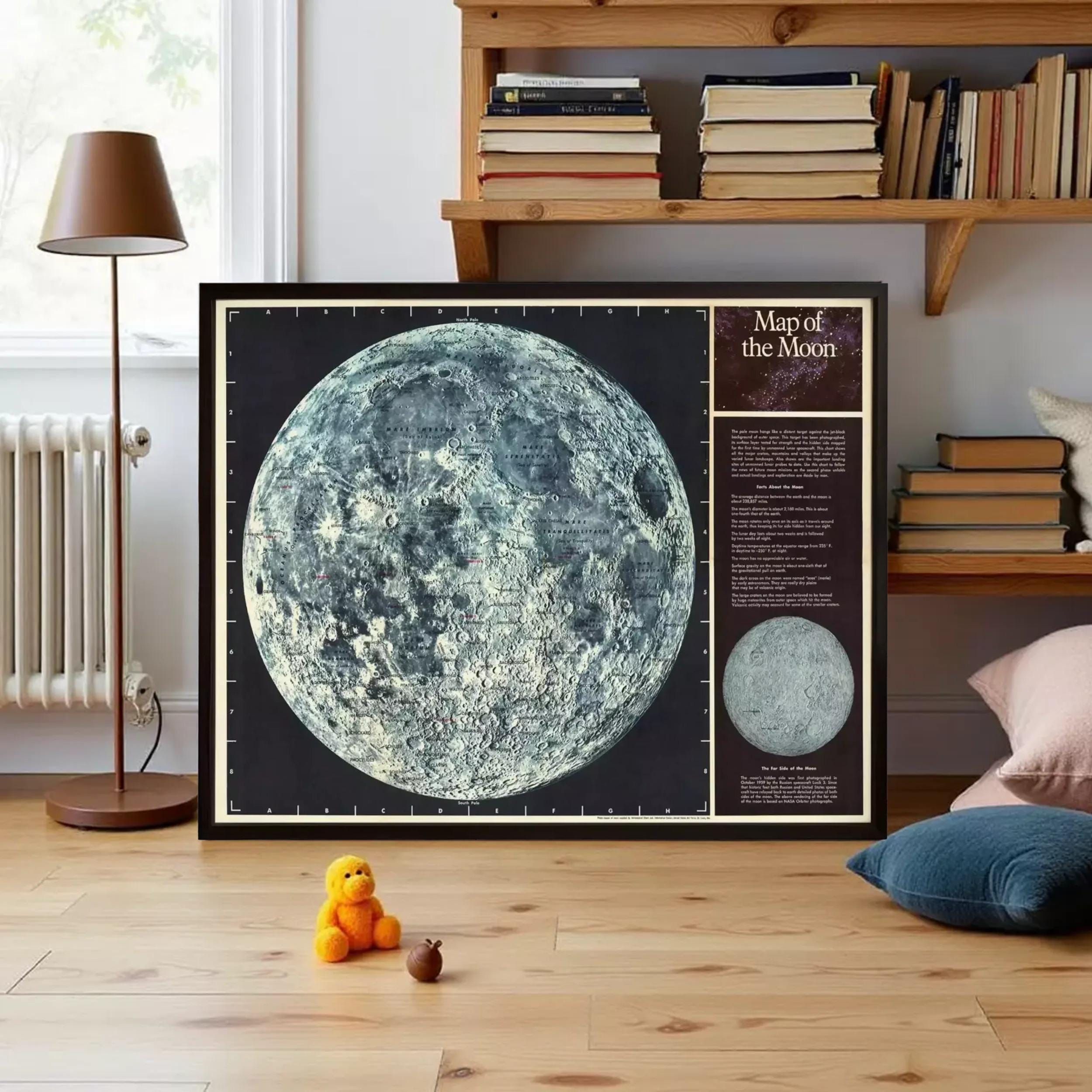 The image is a framed poster depicting a detailed map of the moon, with a caption that reads "Map of the Moon".