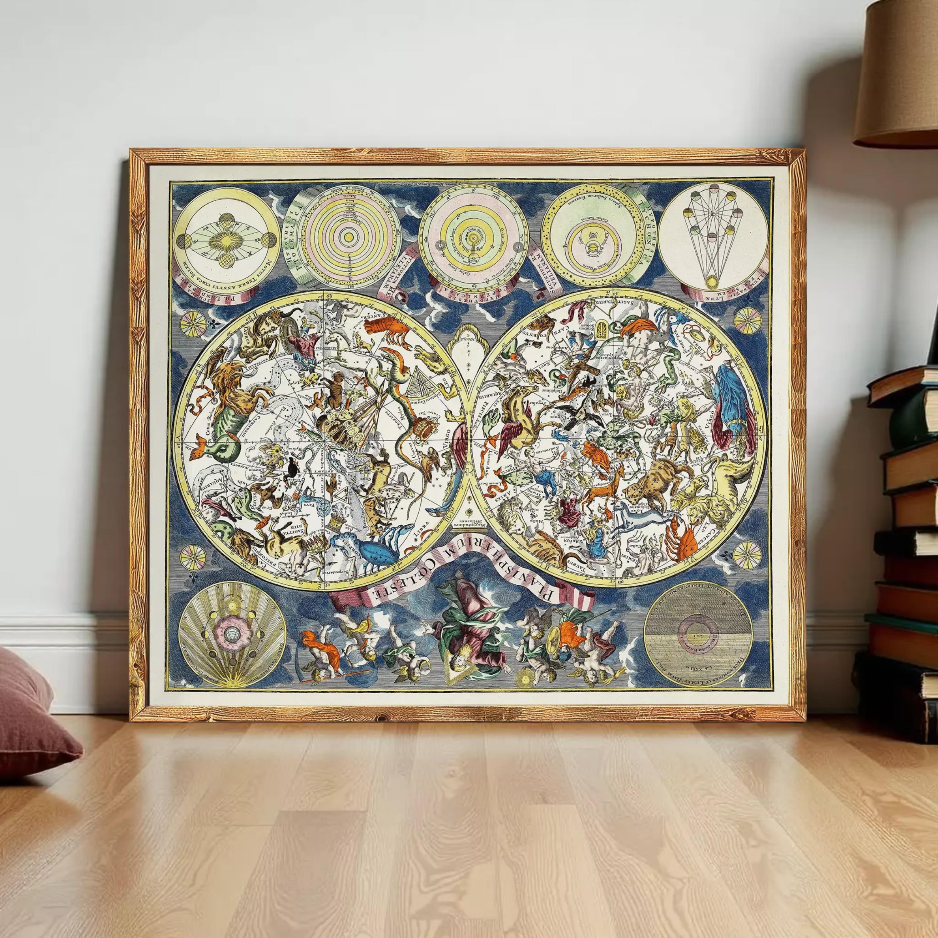 The image is a framed illustration depicting a detailed and colorful depiction of the night sky, with various celestial objects and symbols.