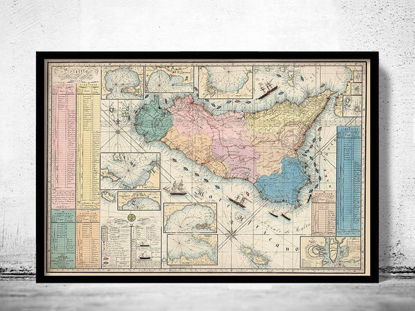 Old Map of Sicily Italy 1847 Sicilia Vintage Map | Vintage Map Wall Art Print