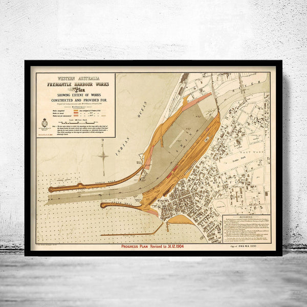 Vintage map of Fremantle Port Harbour and Perth, Australia 1904  | Vintage Map Wall Art Print