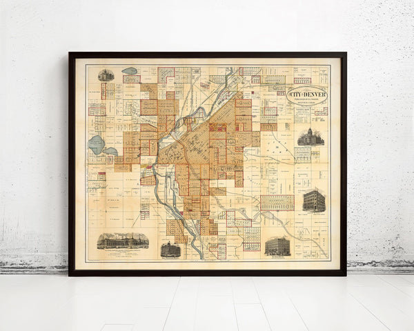 Old map of Denver Colorado 1880 Vintage Map | Vintage Map Wall Art Print
