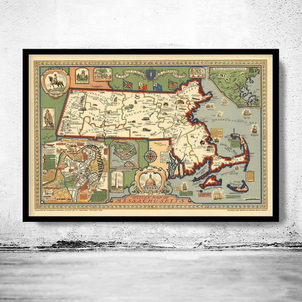 Old Map of Massachusetts 1930, Boston, Salem, Worcester,Lowell, Springfield | Vintage Map Wall Art Print | Large Map Print
