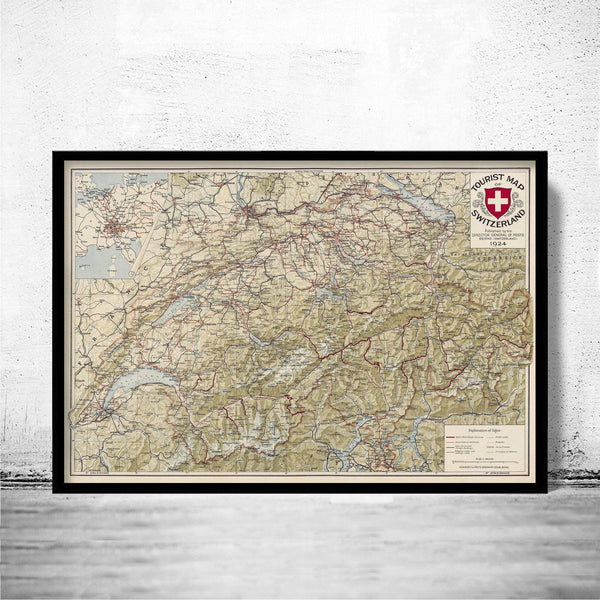 Old Map of Switzerland 1924 Vintage Map Switzerland Gift | Vintage Map Wall Art Print