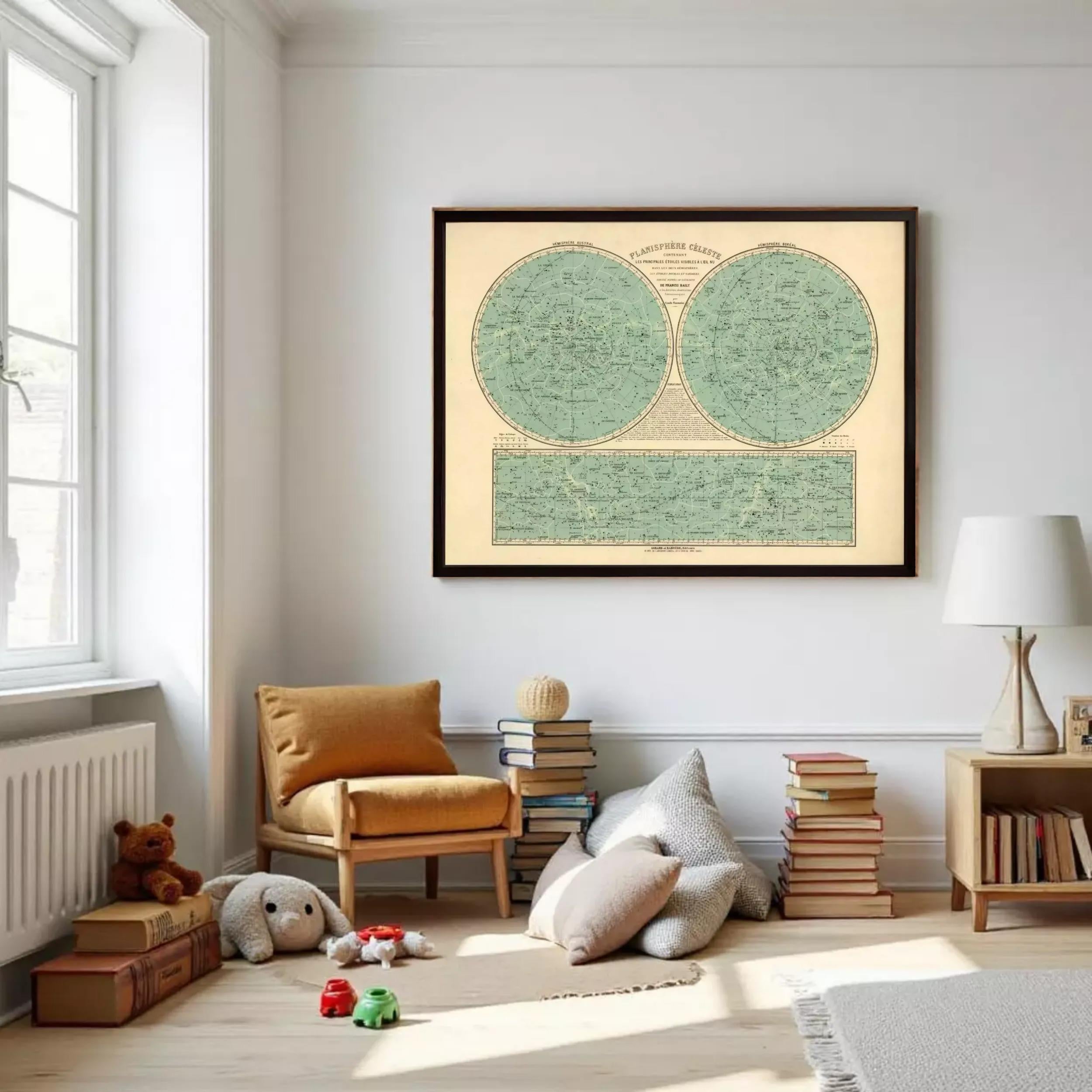 A cozy living room with a large framed map of the night sky hanging on the wall, surrounded by books, a chair, and a teddy bear.