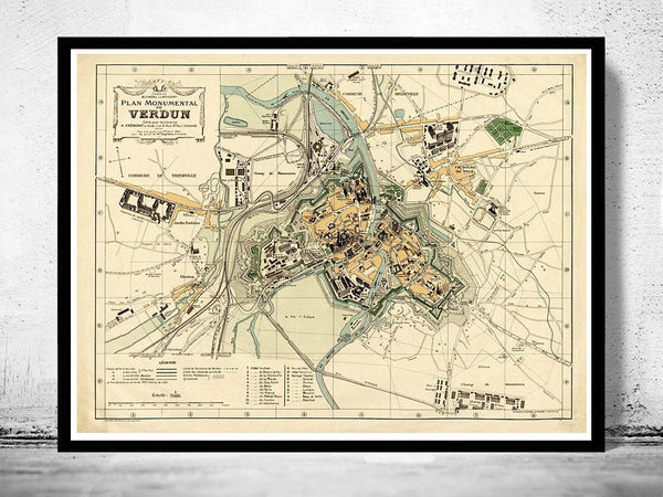 Old Map of Verdun France 1924 Vintage Map | Vintage Map Wall Art Print