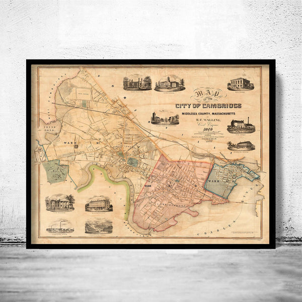 Old Map of Cambridge Massachusetts 1854 Vintage Map | Vintage Map Wall Art Print