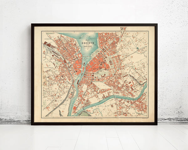 Old Map of Geneve Switzerland 1908 Vintage Map | Vintage Map Wall Art Print