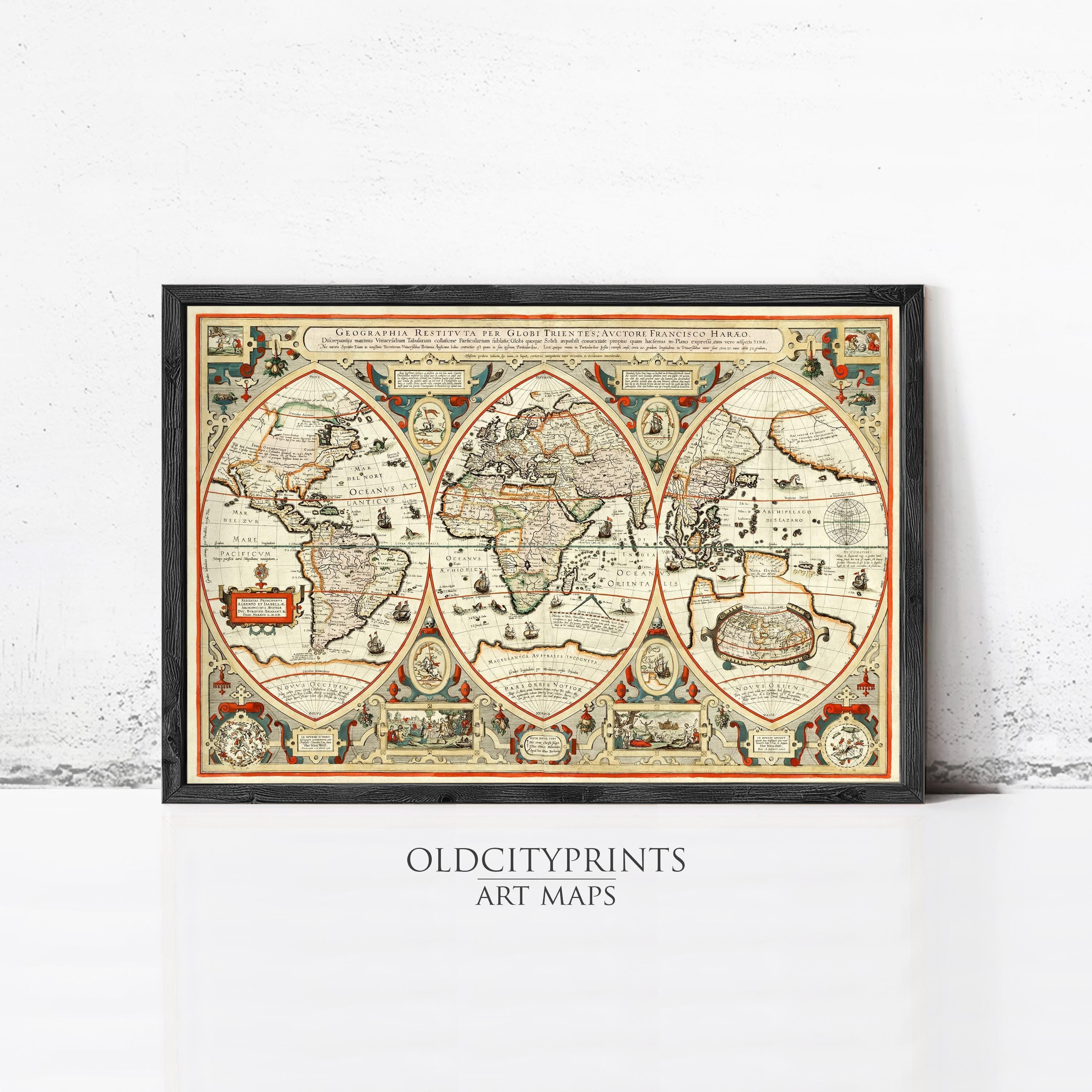 The image is a framed vintage world map with intricate details and illustrations, displayed on a white wall.