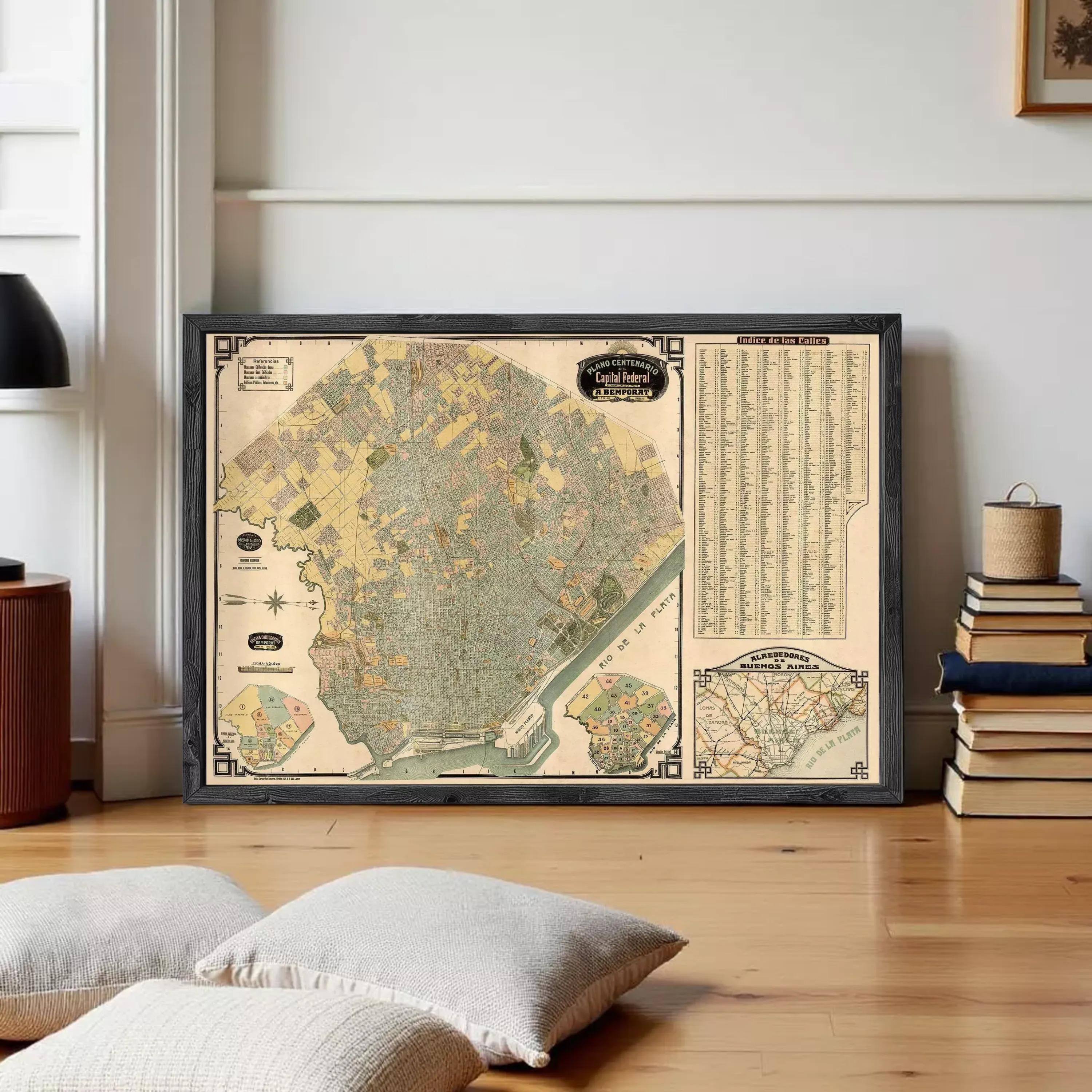 The image is a framed vintage map of a city, likely Philadelphia, with detailed labels and a color-coded legend.