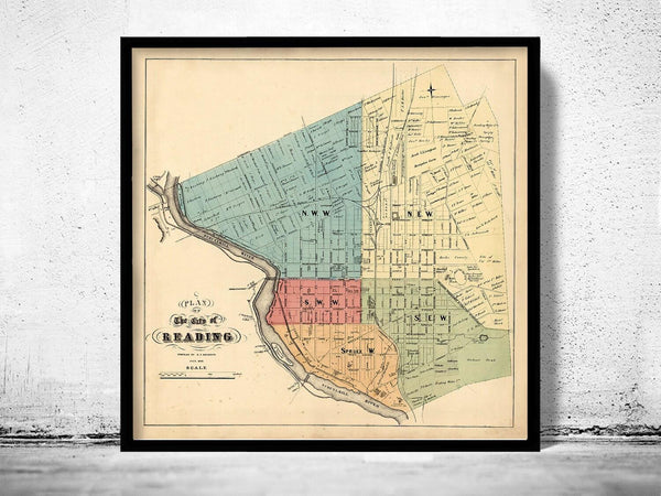 Old map of Reading Pennsylvania 1860 Vintage Map | Vintage Map Wall Art Print