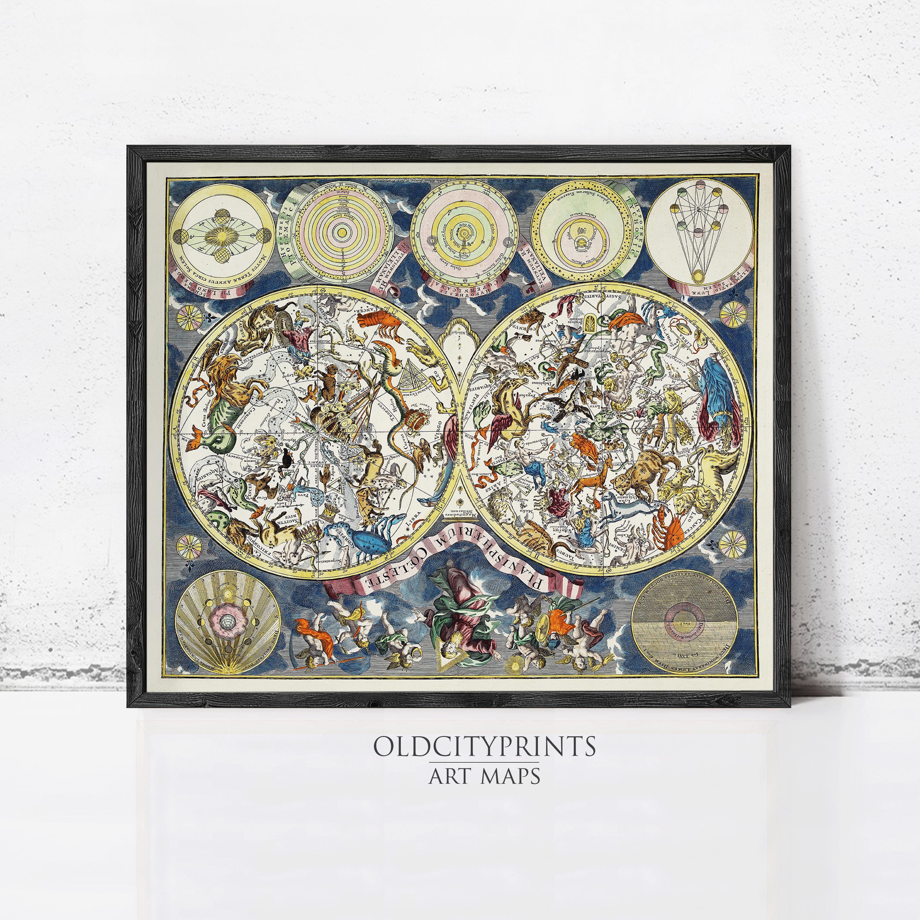 The image is a framed art print depicting a detailed and colorful celestial map, with various celestial objects and symbols arranged in a visually striking manner.