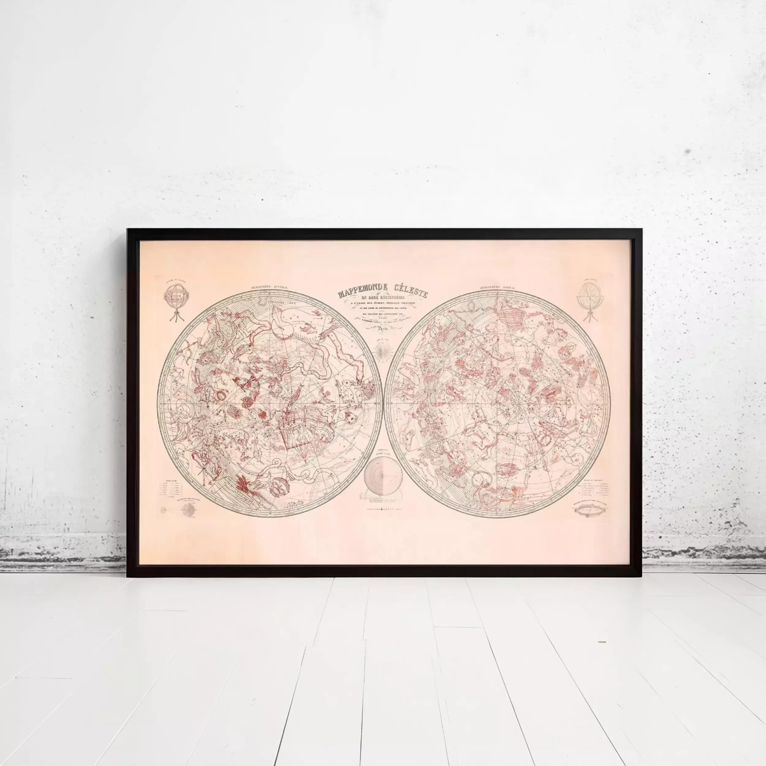 The image is a framed vintage map of the night sky, depicting the constellations and celestial bodies.