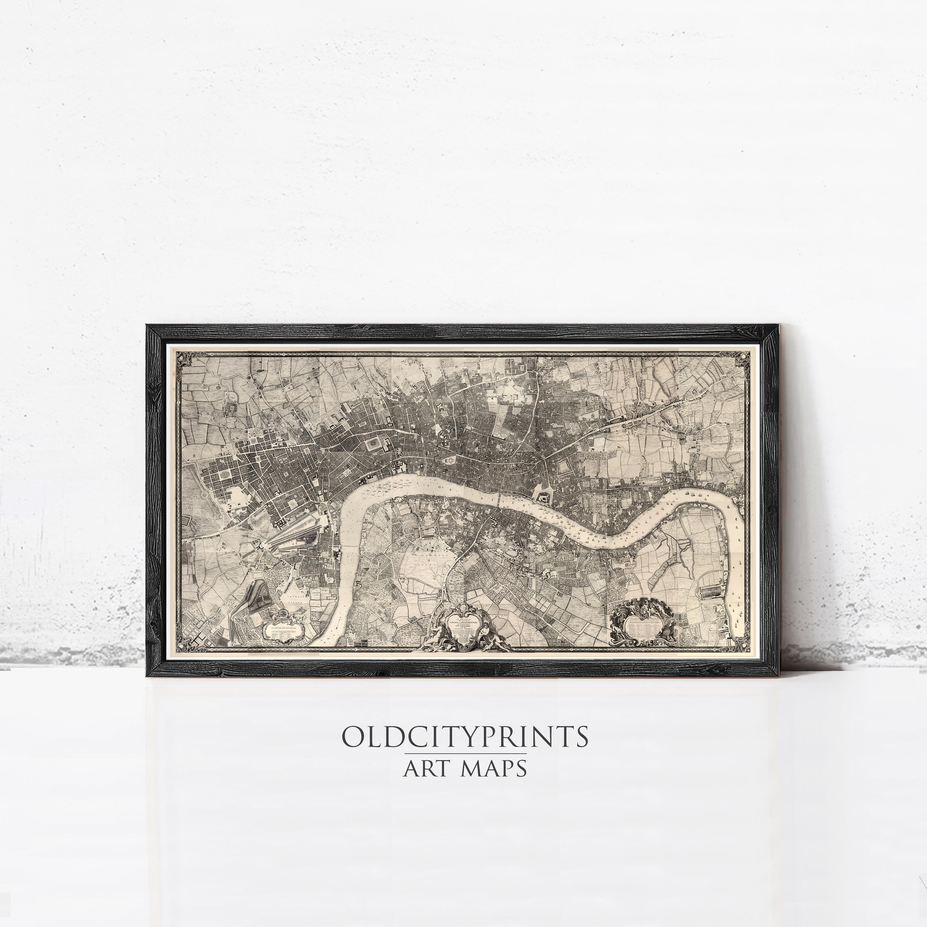 The image is a framed art print depicting a detailed map of London, England.