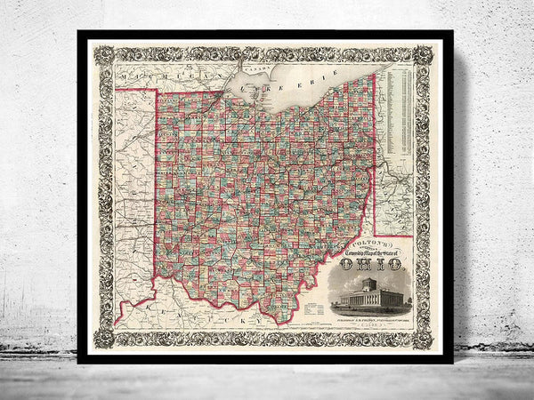 Old Map Ohio State 1860 Vintage Map of Ohio State | Vintage Map Wall Art Print