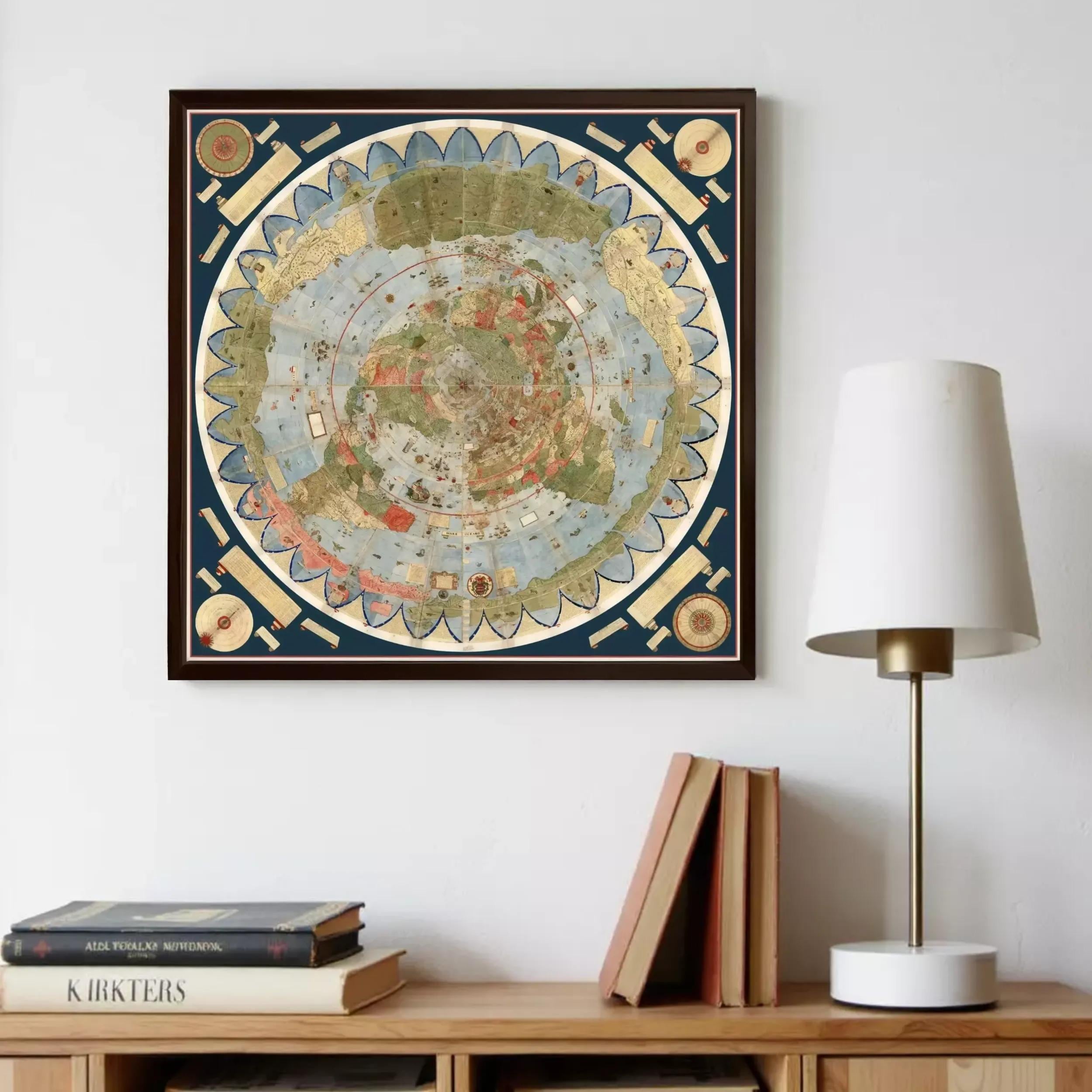 a framed map of the world hanging on a wall above a wooden bookshelf. The bookshelf contains several books and a lamp.