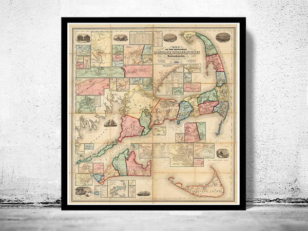 Vintage Cape Cod Map Massachusetts 1860 Old Map  | Vintage Map Wall Art Print