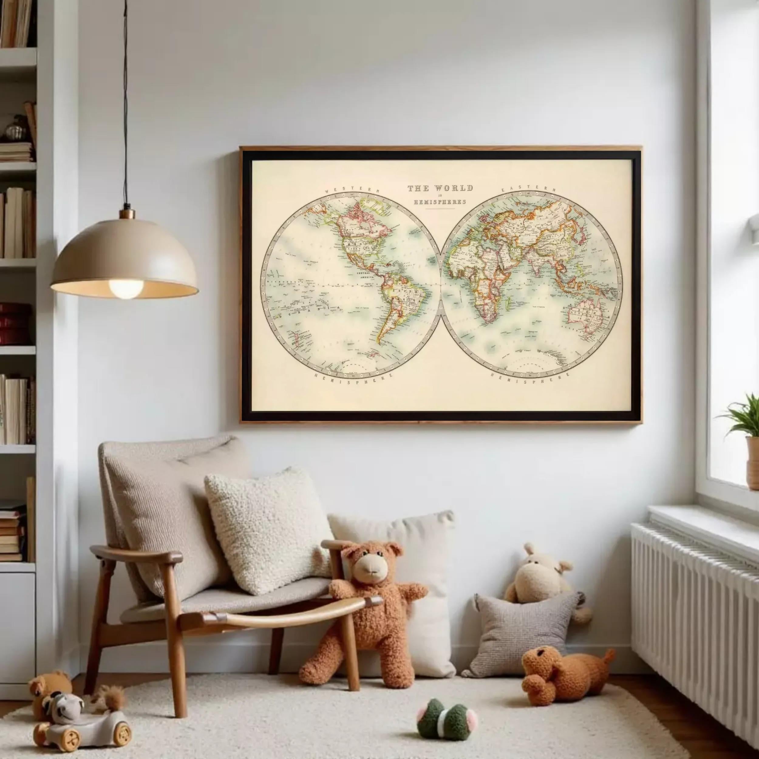 A cozy corner of a room with a large world map poster on the wall, a wooden chair, and a teddy bear.
