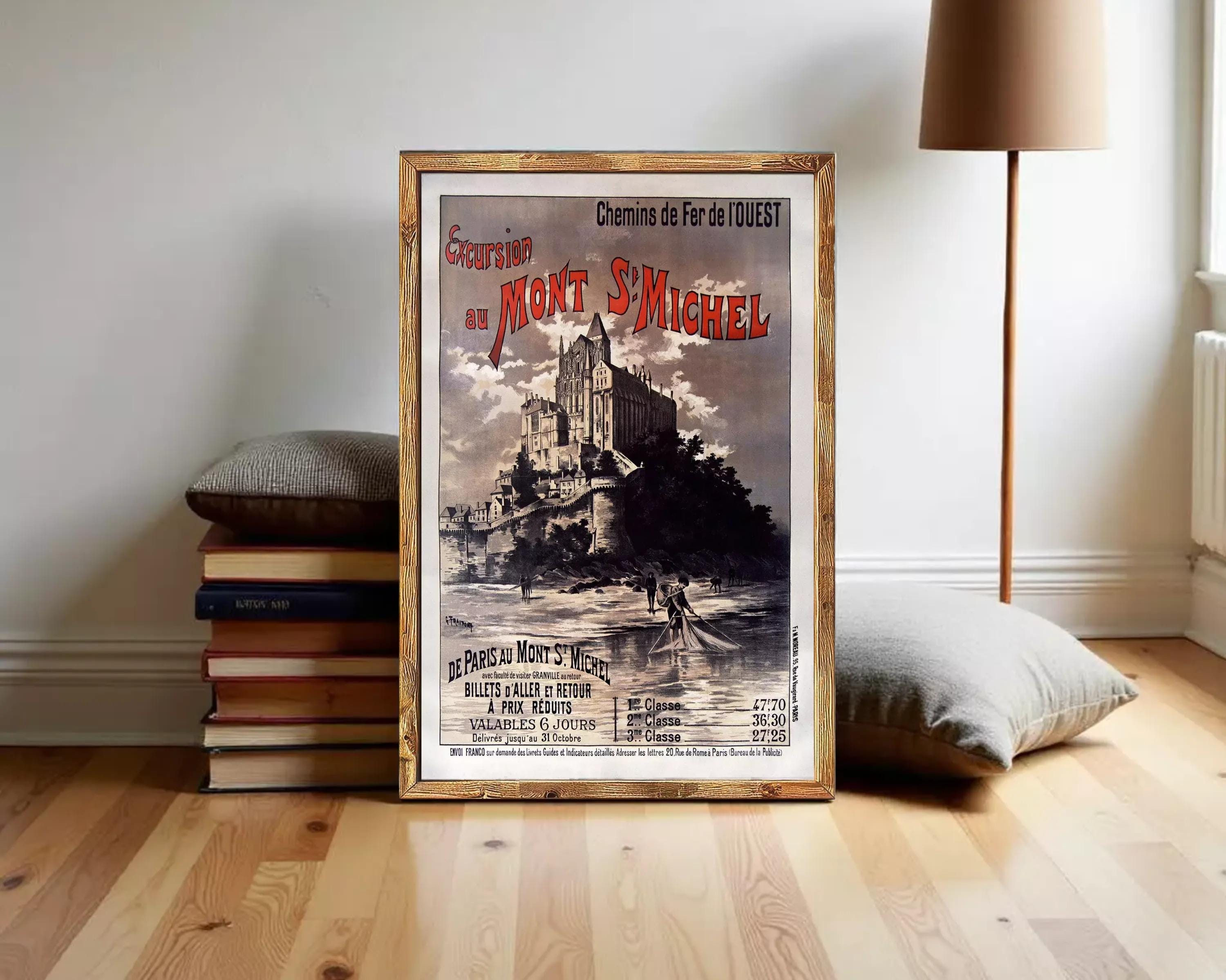 The image is a framed vintage poster advertising a cruise to Mont St Michel, featuring a castle and a boat on the water.